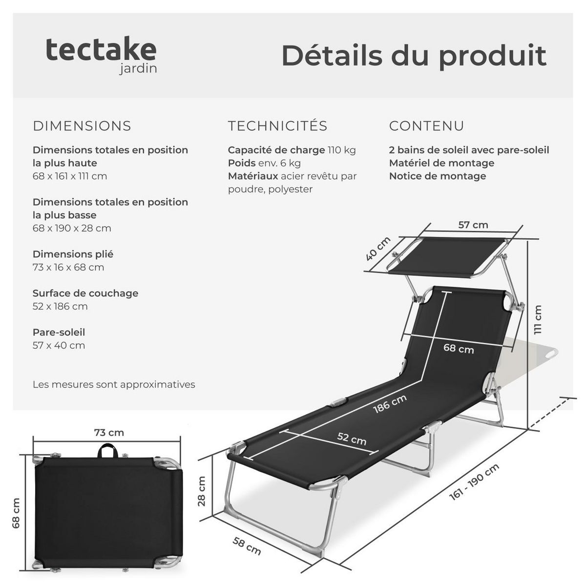 tectake Lot de 2 transats de jardin en acier pliables noir