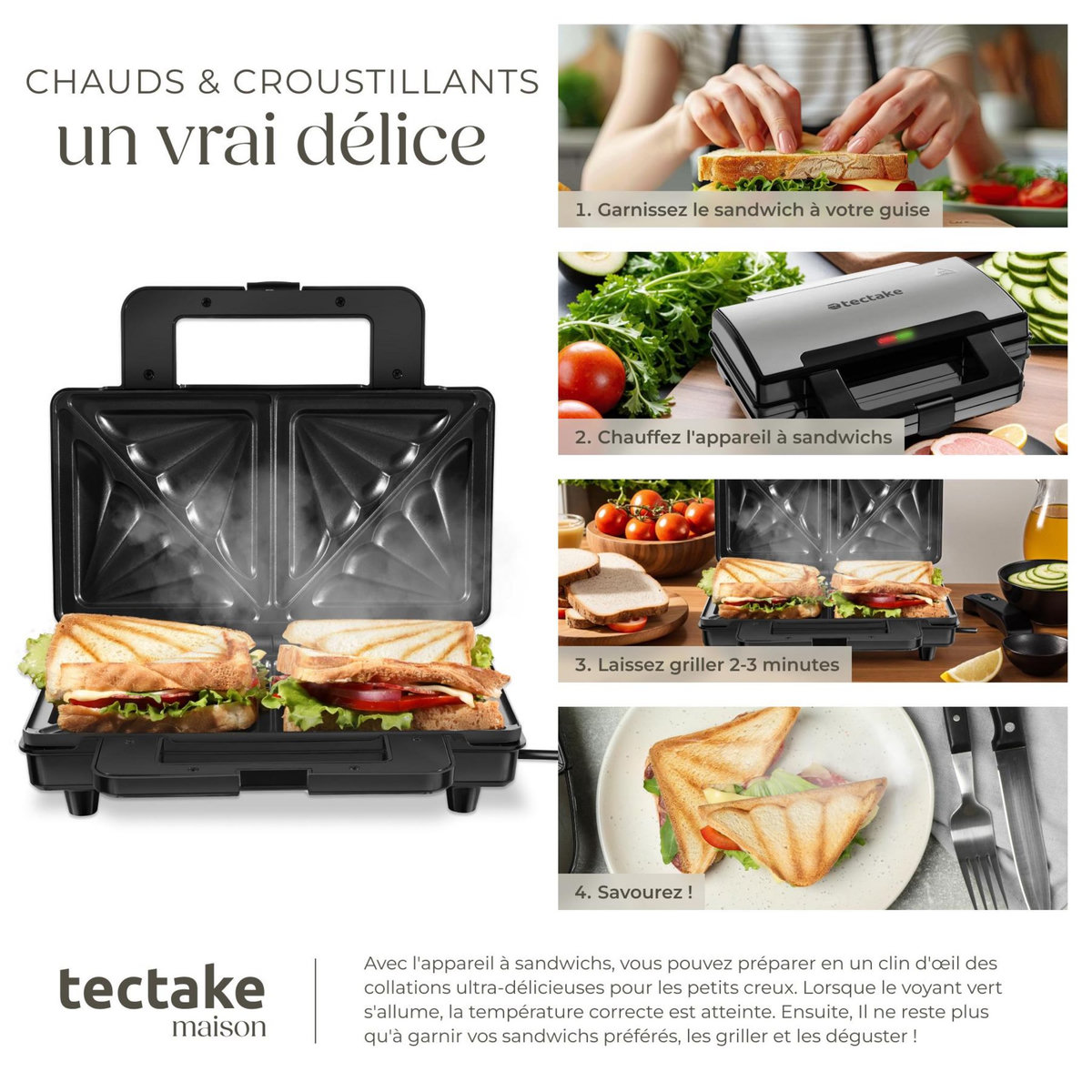 tectake Appareil à sandwichs avec boîtier en aluminium résistant à la chaleur, 1000 W argent