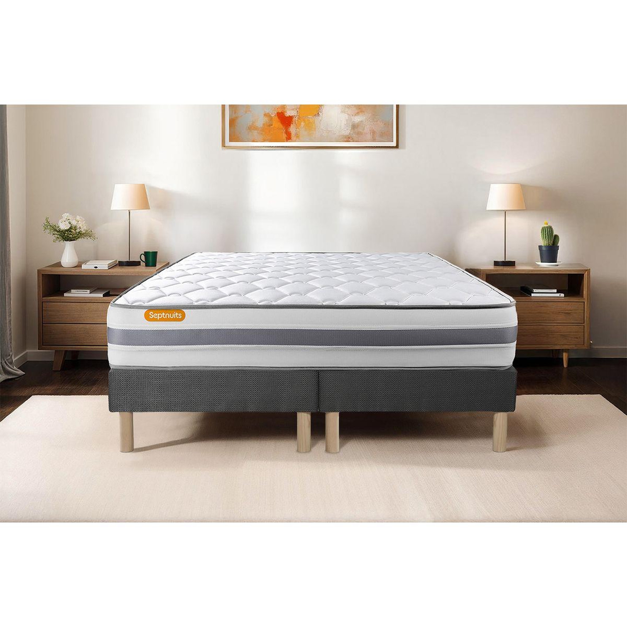 Voir la diapositive 1 : SEPTNUITS Matelas + double sommiers gris Memo Spring Ressorts ensachés 3 zones de confort MAXI épaisseur
