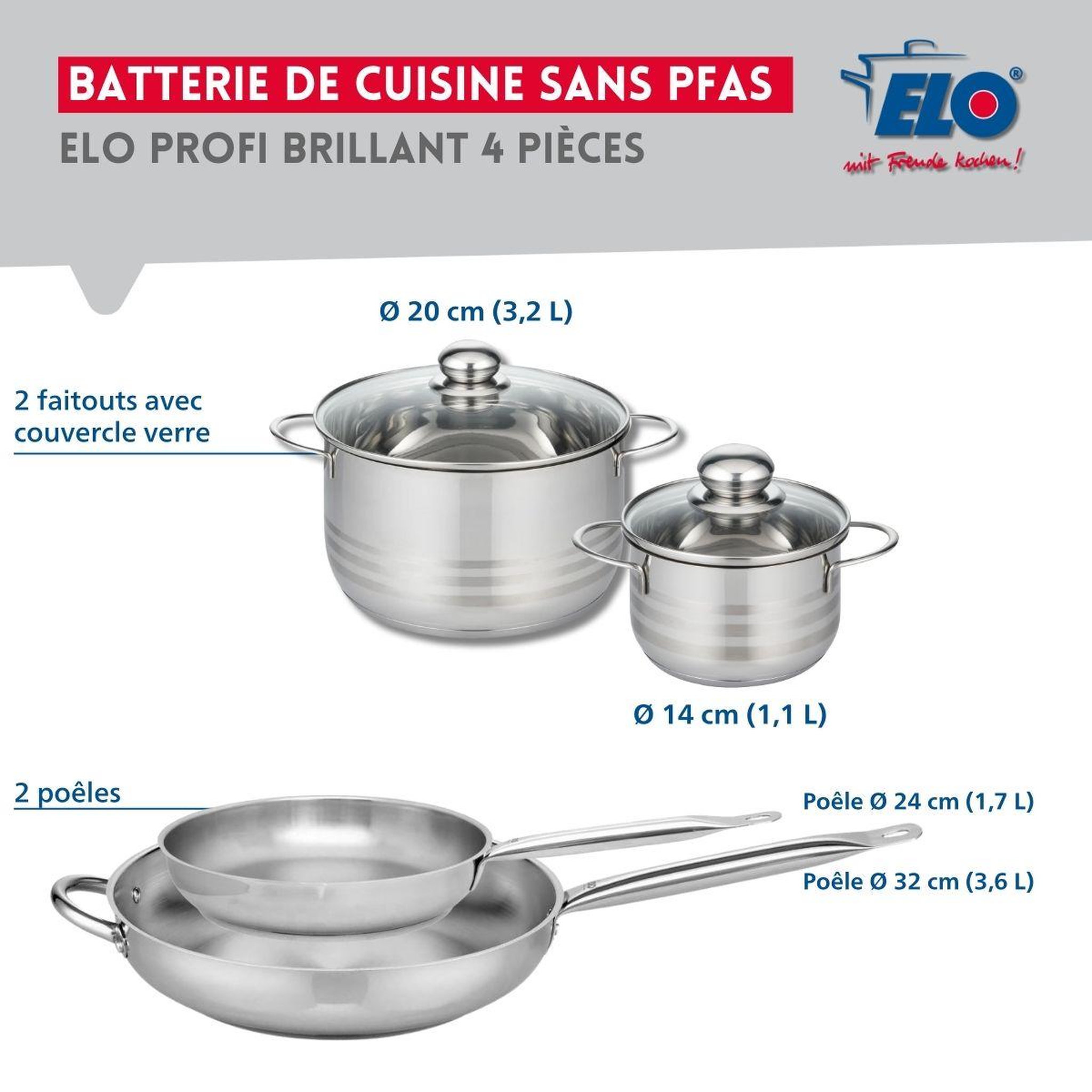 Voir la diapositive 2 : ELO Ensemble de 2 poêles de cuisson 24 et 32 cm et 2 faitouts 14 et 20 cm elo profi brillant