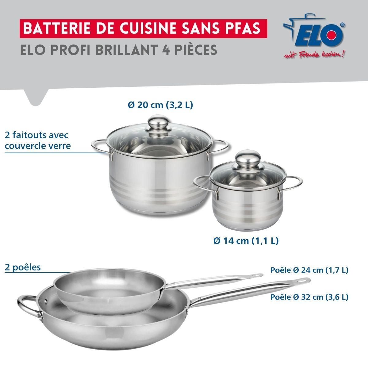 ELO Ensemble de 2 Poêles de cuisson 24 et 32 cm et 2 faitouts 14 et 20 cm Elo Profi Brillant