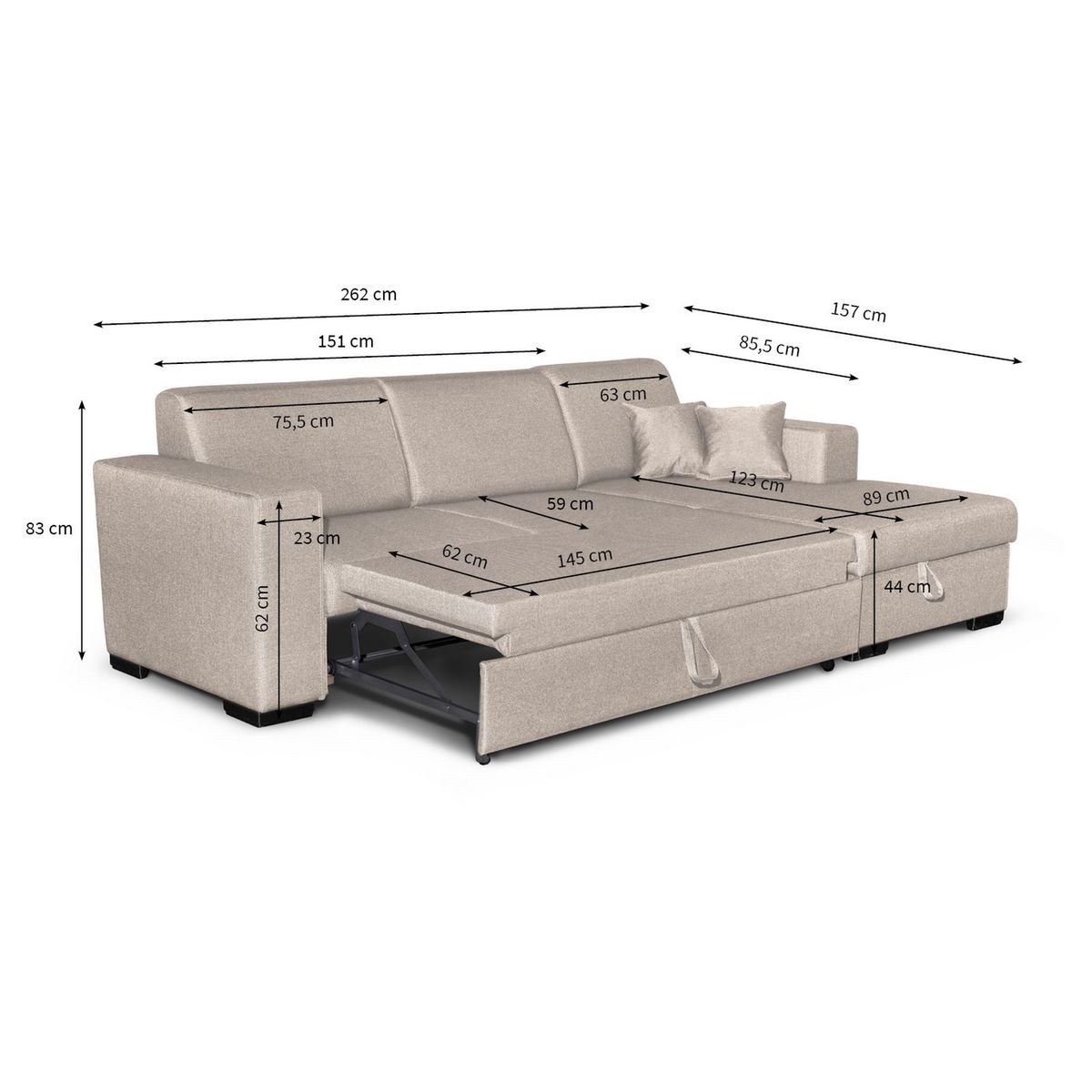 Canapé d'angle droit convertible 4 places avec coffre  de rangement revêtement tissu CARIBEA 