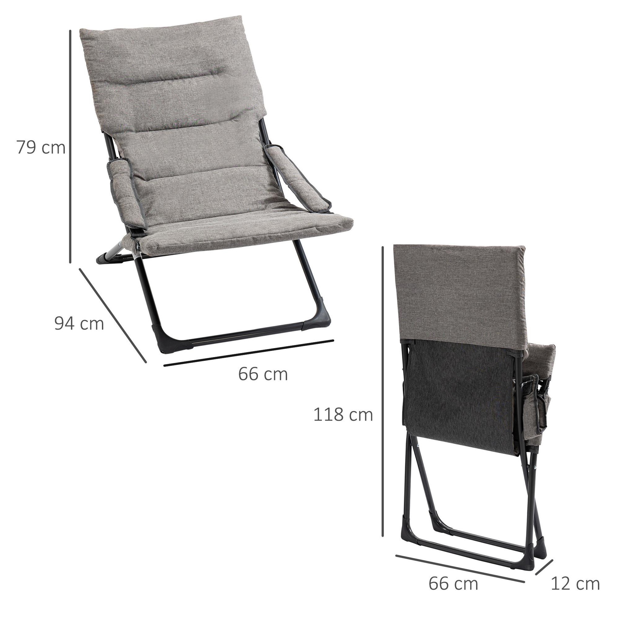 Voir la diapositive 3 : OUTSUNNY Chaise de jardin camping pliable - épais coussin amovible inclus - accoudoirs rembourrés - acier noir tissu gris