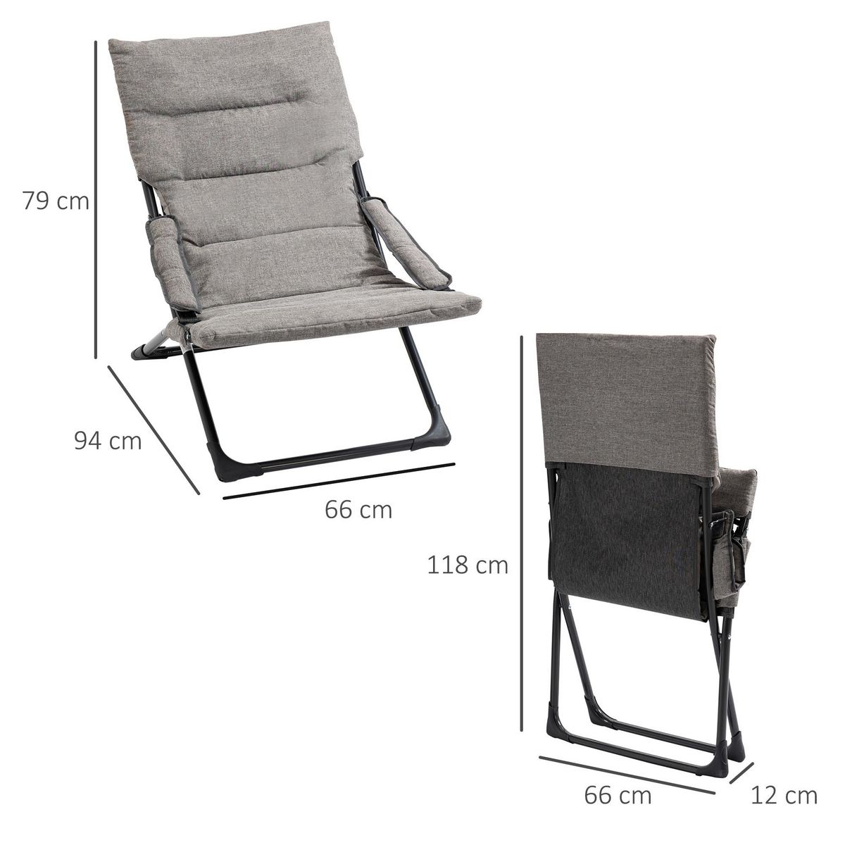 OUTSUNNY Chaise de jardin camping pliable - épais coussin amovible inclus - accoudoirs rembourrés - acier noir tissu gris