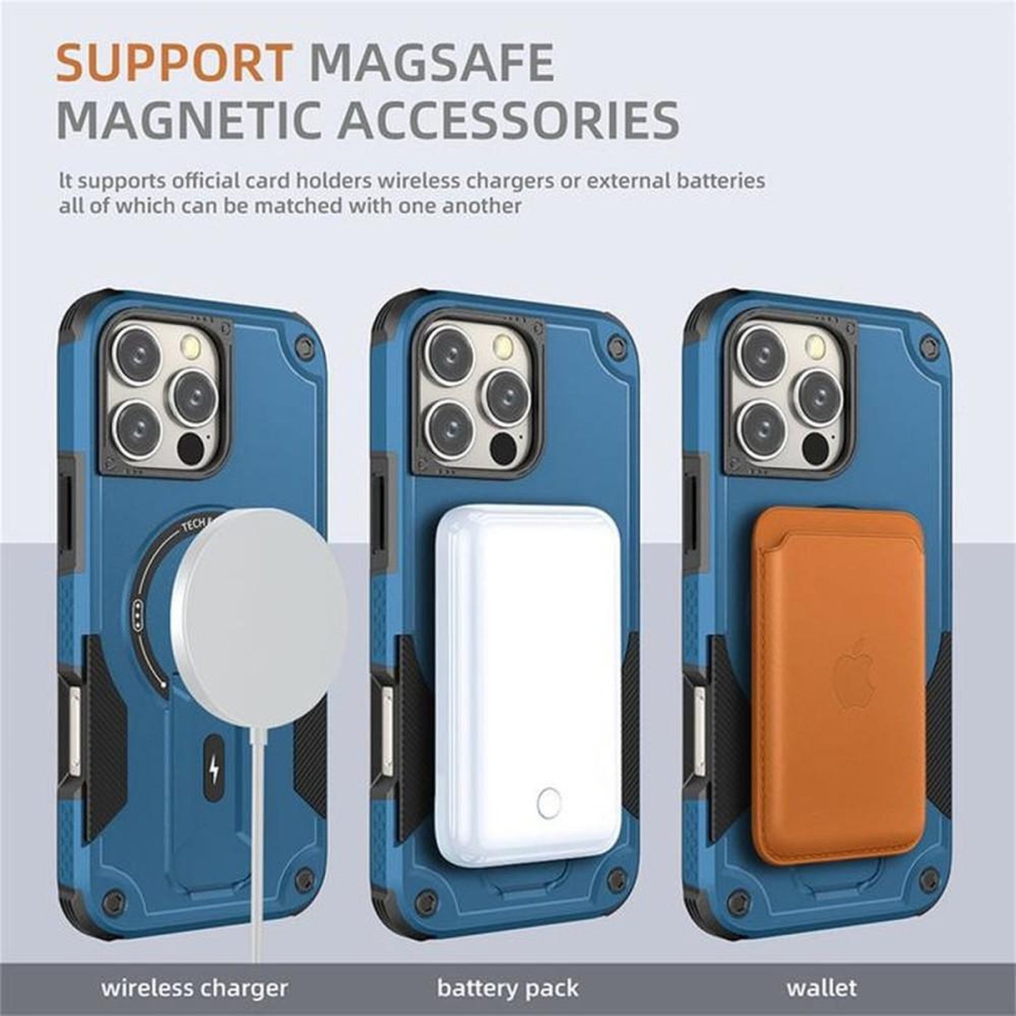 Voir la diapositive 6 : Coque pour iPhone 16 Pro MagSafe bleue avec support intégré et protection antichoc 360°