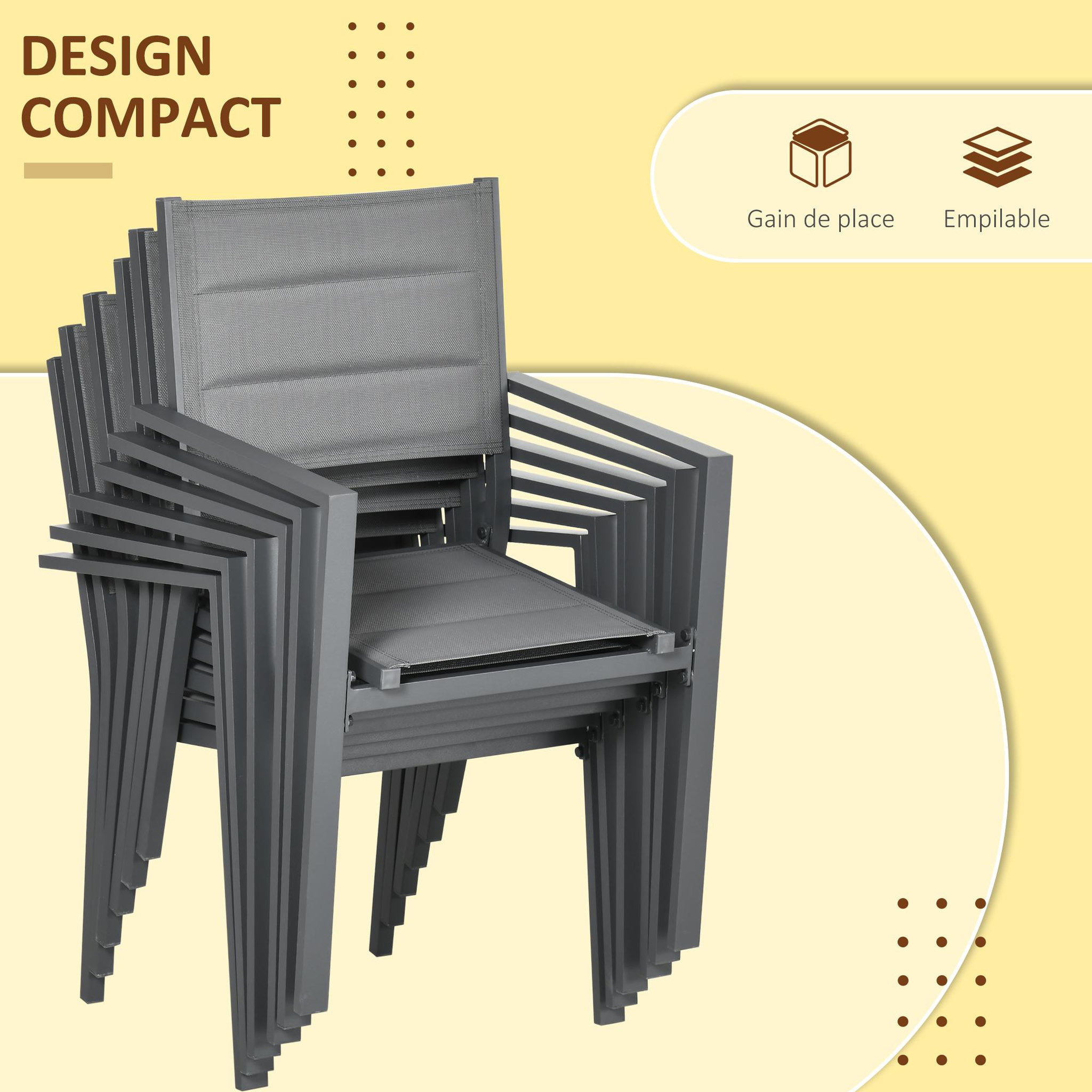 Voir la diapositive 5 : OUTSUNNY Ensemble de jardin 6 personnes chaises empilables table extensible 90/180L cm alu. textilène gris