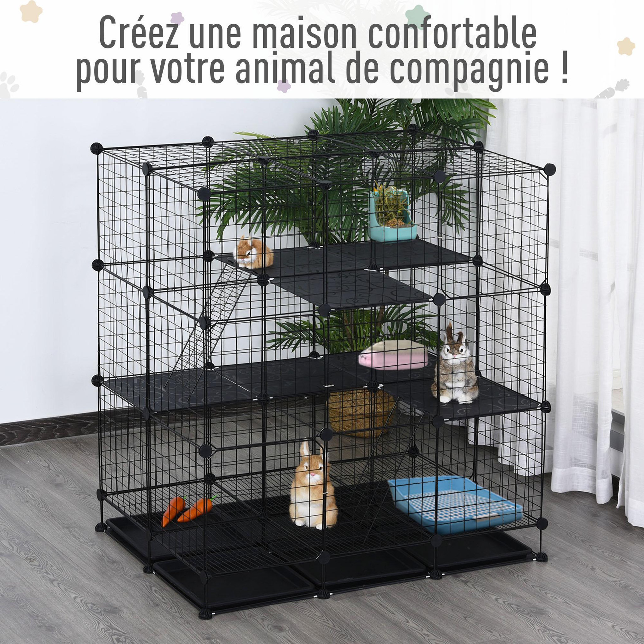 Voir la diapositive 4 : PAWHUT Cage parc enclos rongeurs modulable dim. L 111 x l 75 x H 119 cm 3 niveaux 4 portes fil métallique noir