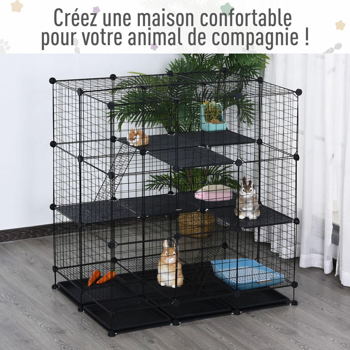 PAWHUT Cage parc enclos rongeurs modulable dim. L 111 x l 75 x H 119 cm 3 niveaux 4 portes fil métallique noir