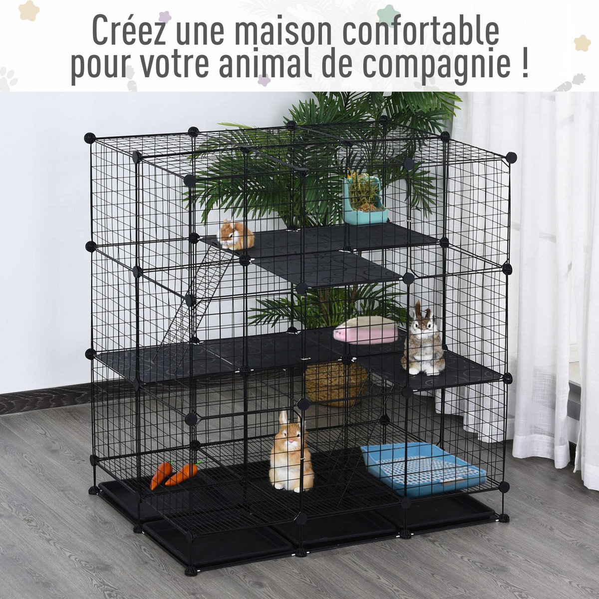 PAWHUT Cage parc enclos rongeurs modulable dim. L 111 x l 75 x H 119 cm 3 niveaux 4 portes fil métallique noir