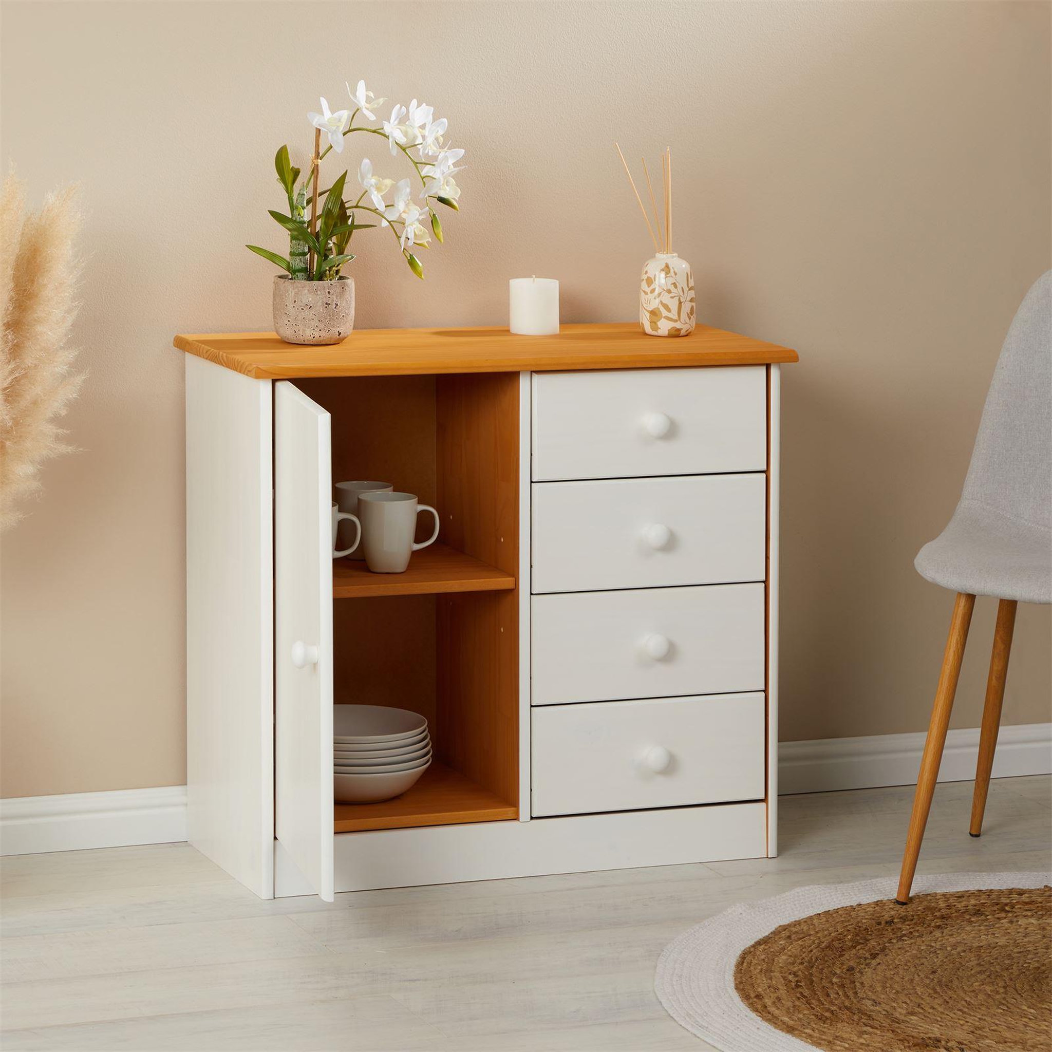 Voir la diapositive 3 : IDIMEX Commode rondo en pin massif, 4 tiroirs et 1 porte