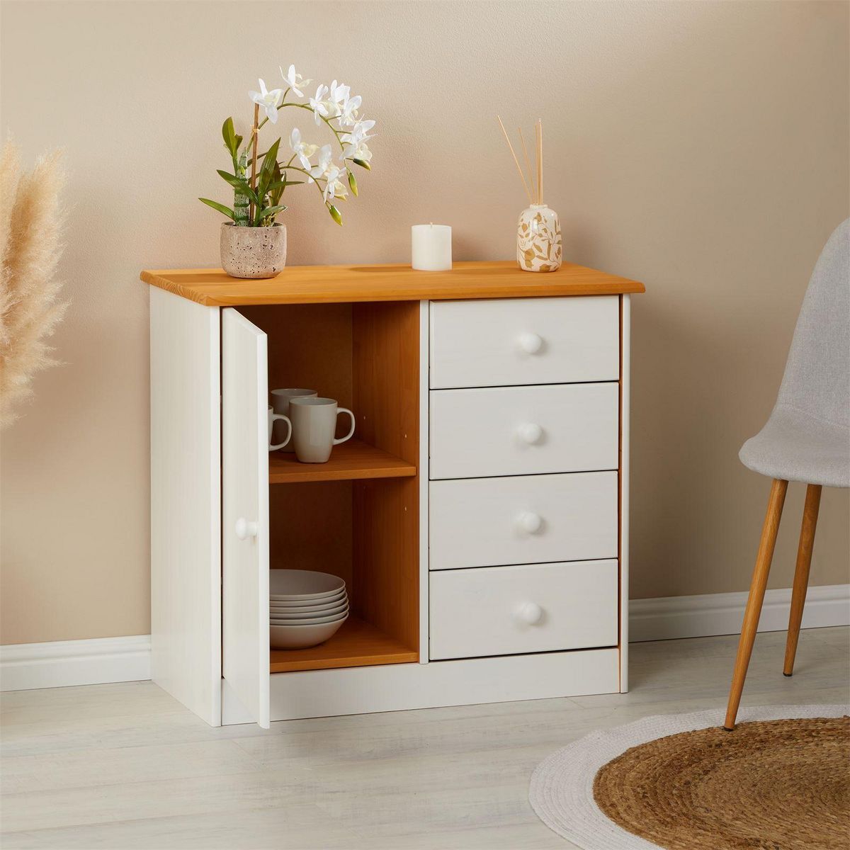 IDIMEX Commode RONDO en pin massif, 4 tiroirs et 1 porte