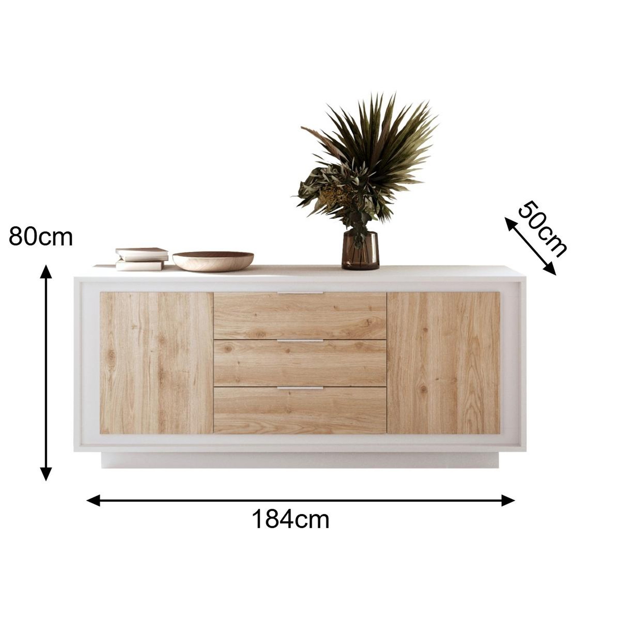 Voir la diapositive 6 : JLC KREATION Buffet bas blanc et bois 2 portes-3 tiroirs 180cm yori