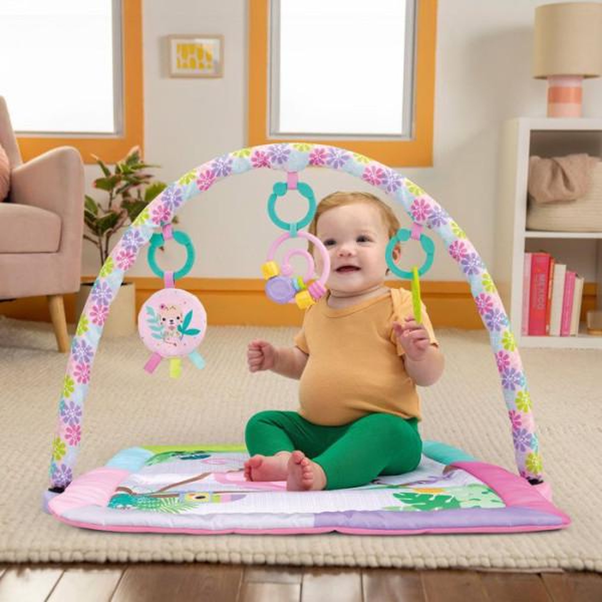 Voir la diapositive 6 : Bright Starts BRIGHTS STARTS Petit tapis d'éveil bébé pliable rose, arche de jeux, 5 jouets bébé, miroir, cartes, boulier et anneau de de