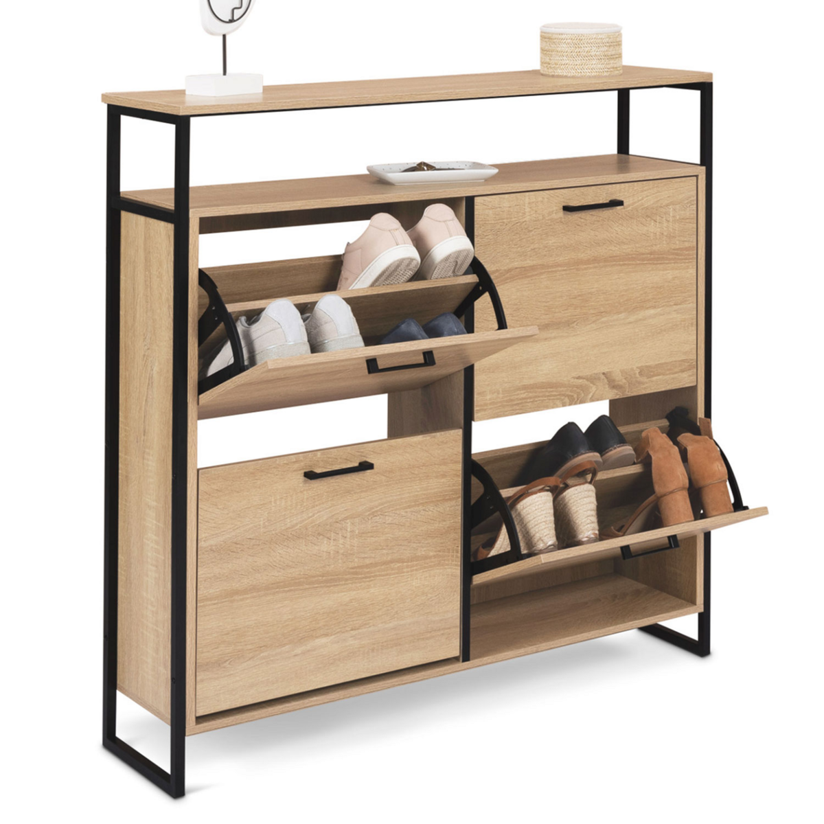 ID MARKET Meuble à chaussures 16 paires LUIS 4 portes avec étagère supérieure design industriel