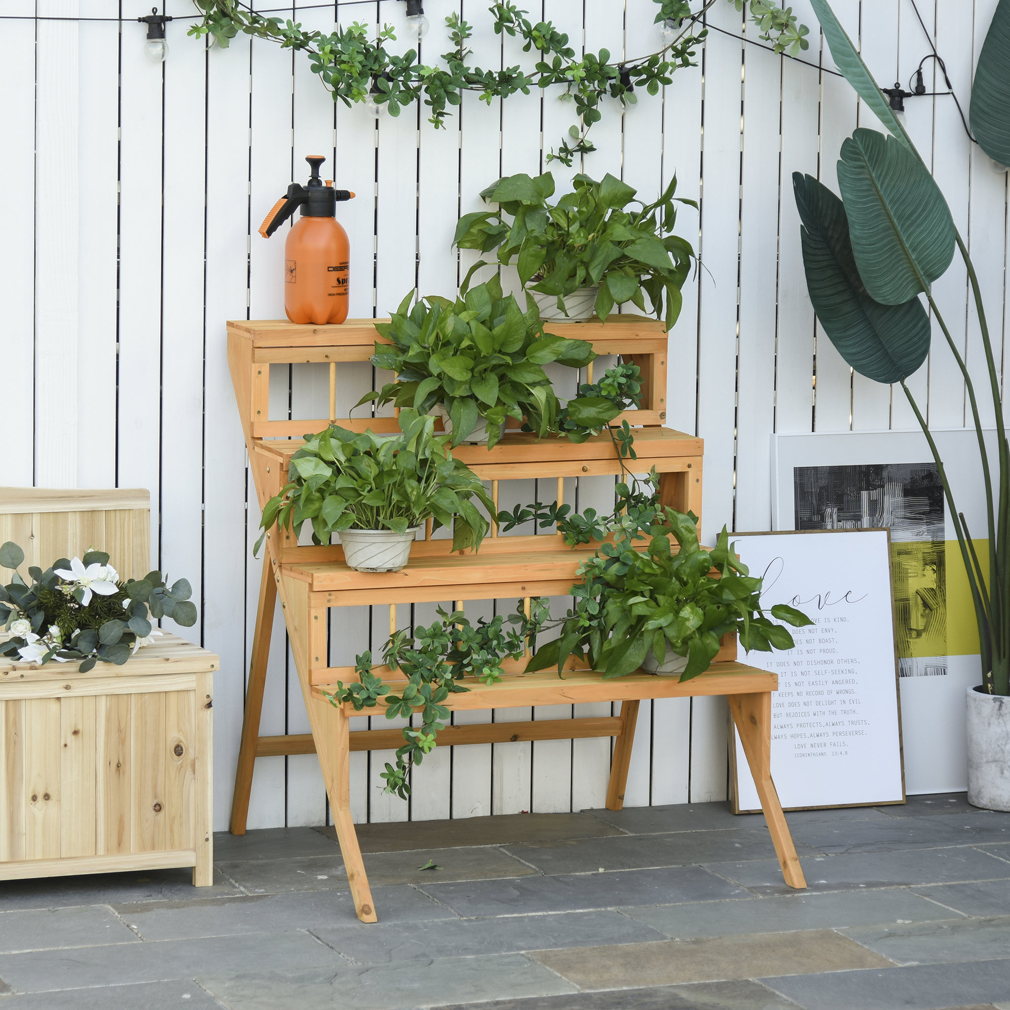 Voir la diapositive 2 : OUTSUNNY Étagère échelle à fleurs en bois - porte plante bois 4 étagères - bois sapin pré-huilé