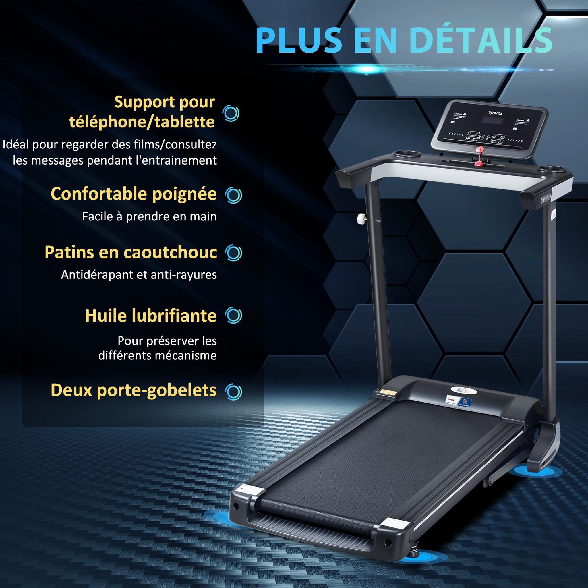 Voir la diapositive 6 : HOMCOM Tapis de course pliable - collaboration aosom.fr x ffhandball - 1-12 km/h 500 w écran lcd 12 programmes noir
