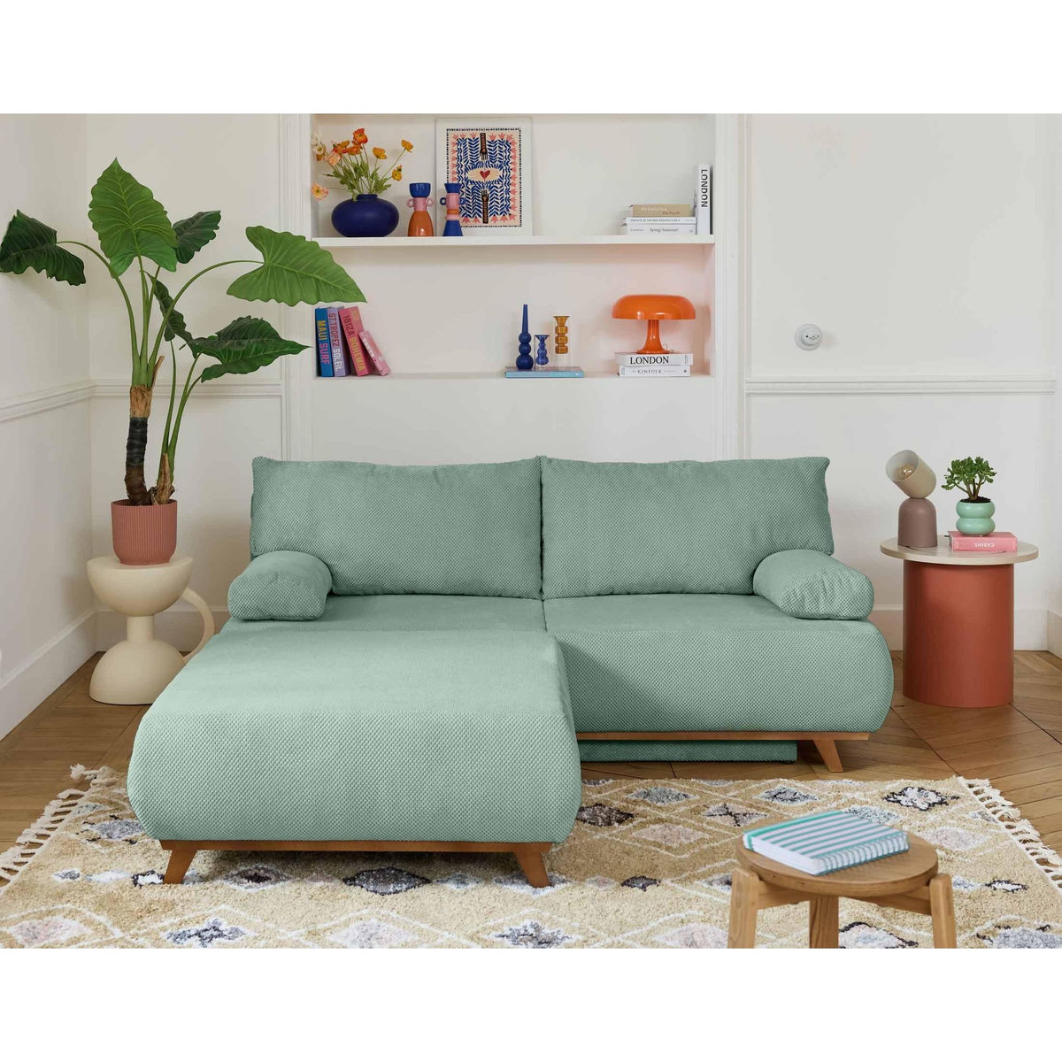 BEST MOBILIER Cristal - canapé 3 places - convertible avec coffre et grand pouf - en velours texturé