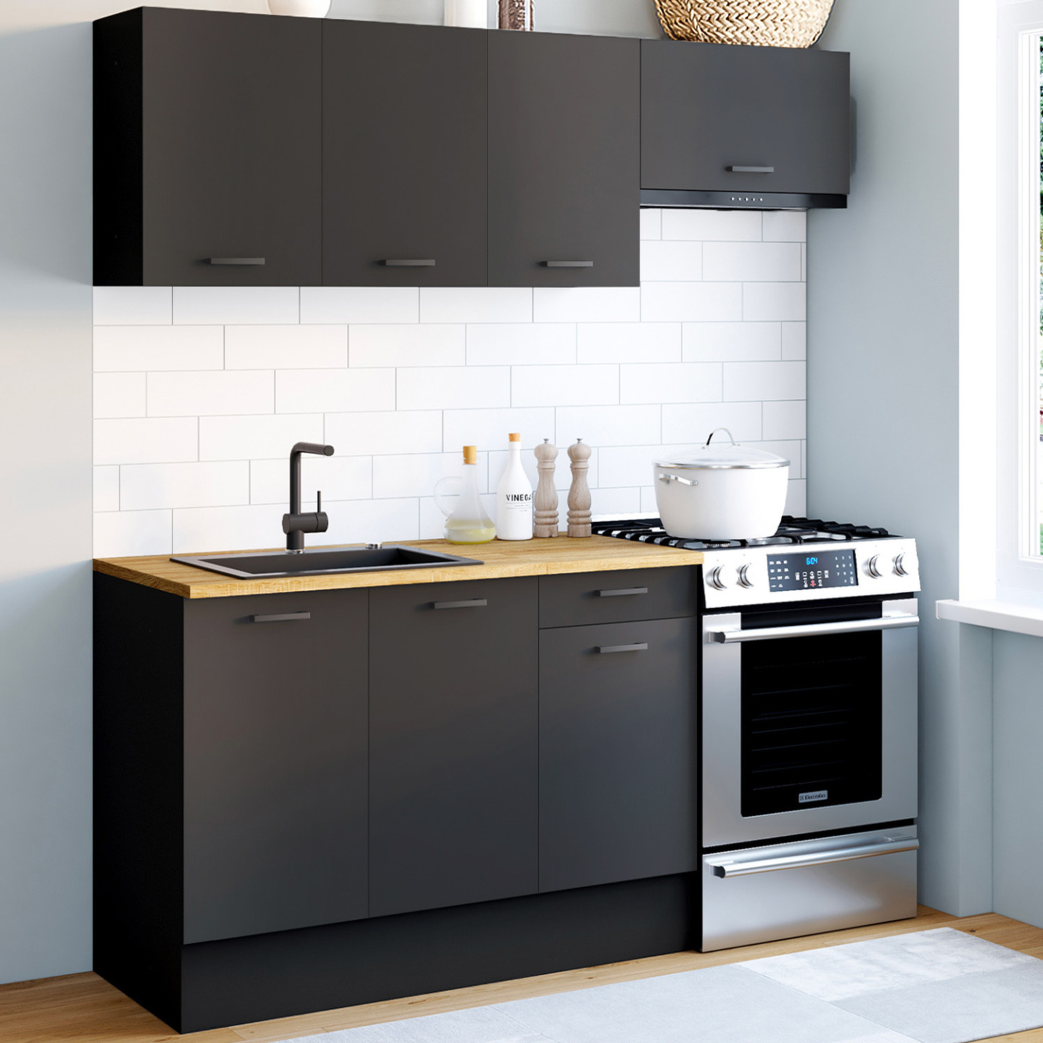 Voir la diapositive 2 : ID MARKET Cuisine complète 180 cm subtil avec plan de travail 5 éléments noir et plateaux bois