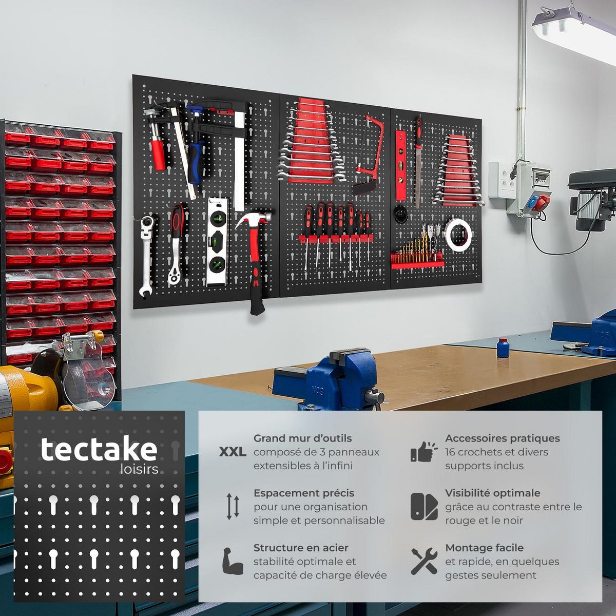 tectake Panneau perforé Structure en acier noir/rouge Ensemble de 3 pièces