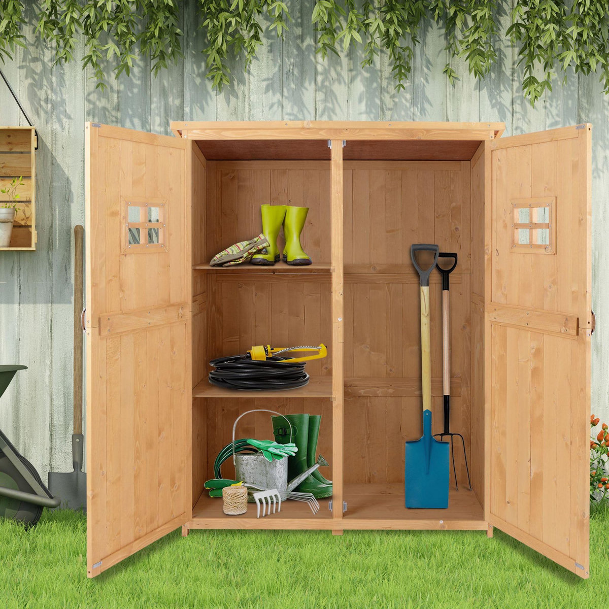 OUTSUNNY Abri de jardin armoire de jardin remise pour outils sur pied dim. 128L x 50l x 164H cm 2 étagères 2 portes 2 fenêtres toit bitumé étanche bois massif sapin pré-huilé