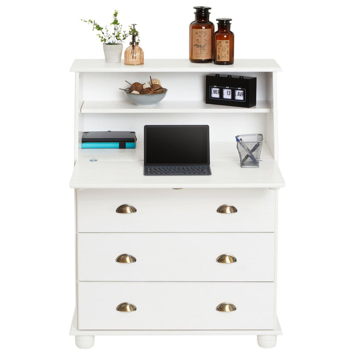 IDIMEX Bureau secrétaire GOMES avec 3 tiroirs en pin massif