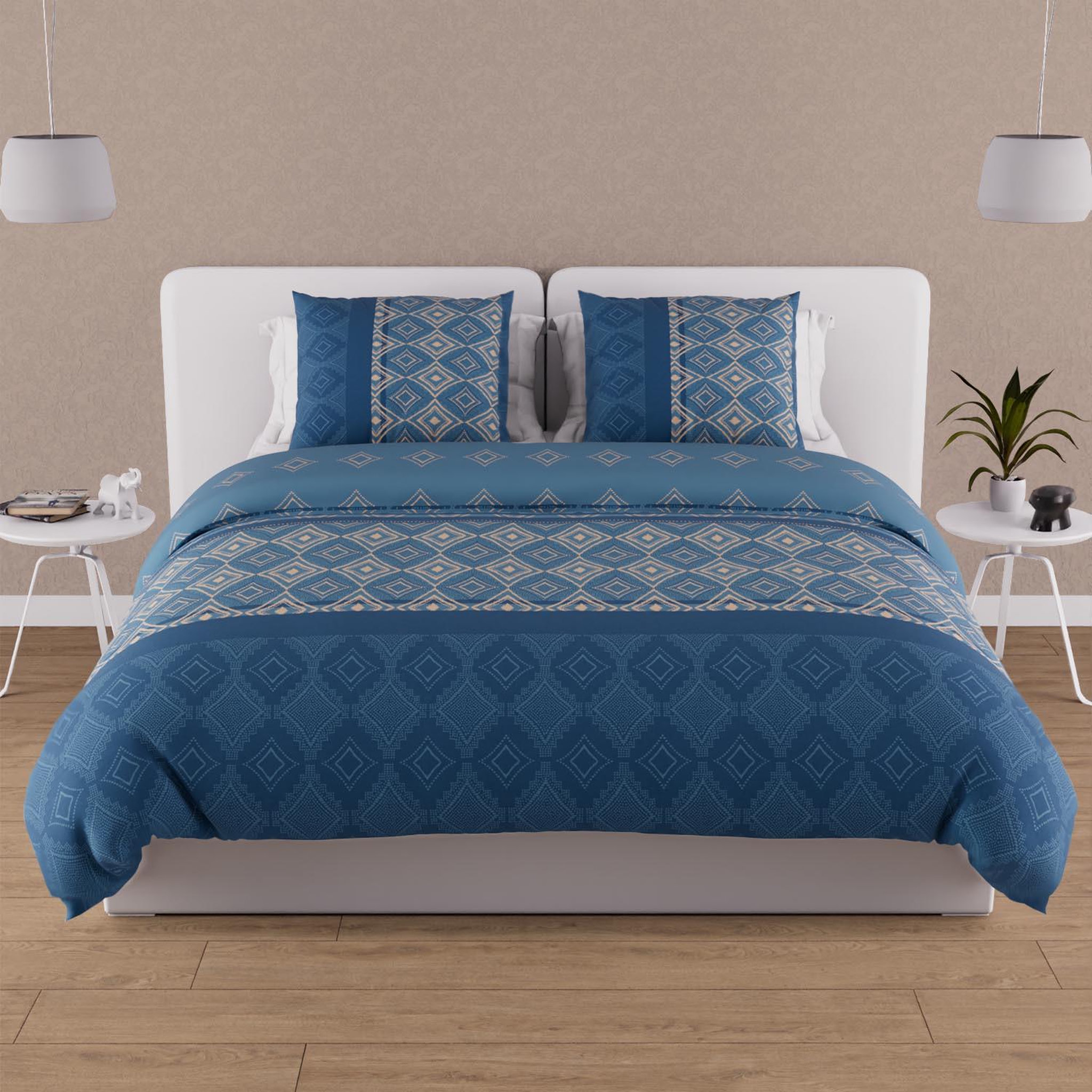 SOLEIL D'OCRE Parure housse de couette en coton 57 fils ethno, par soleil d'ocre. Coloris disponibles : Marron, Bleu