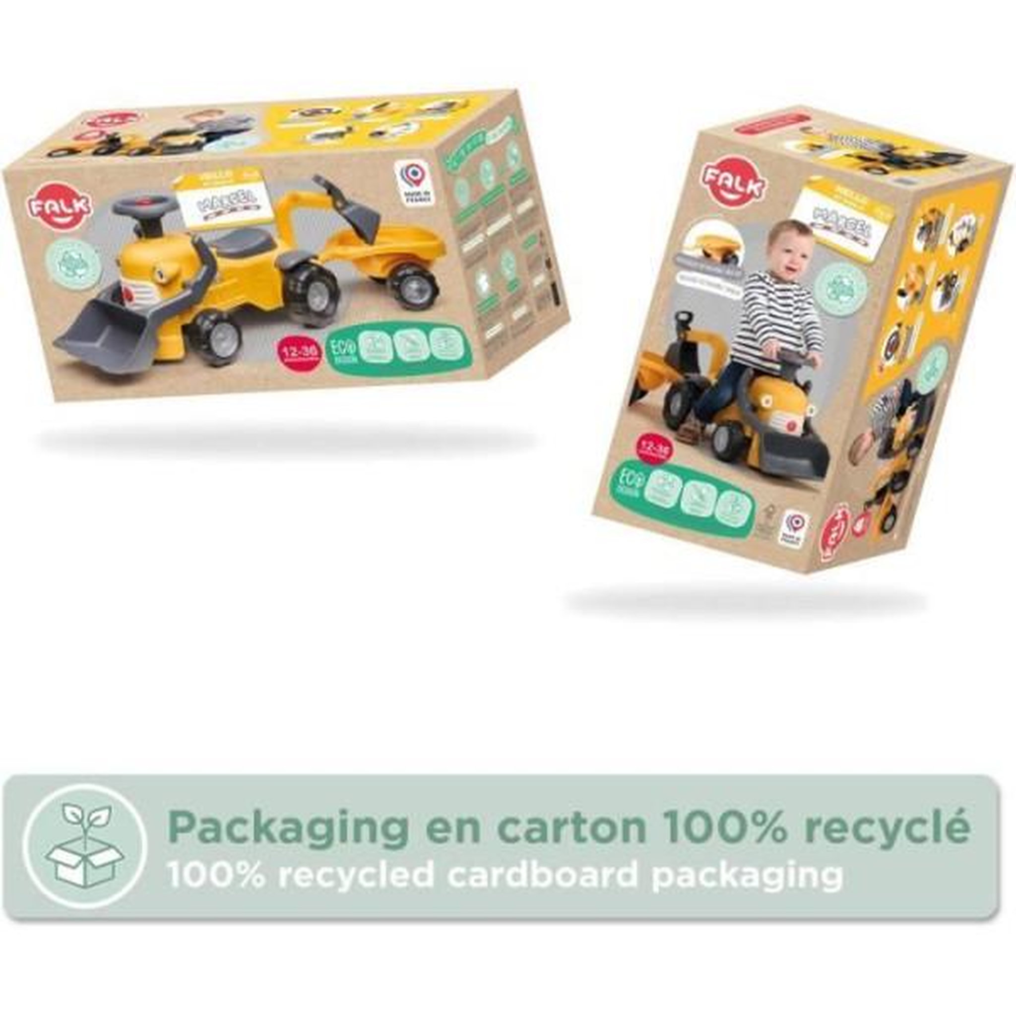 Voir la diapositive 6 : FALK Porteur Trotteur  Chantier Marcel - FALK - Pelle frontale, excavatrice - Jaune - Fabriqué en France - 90% de plastique recyclé - Des 12