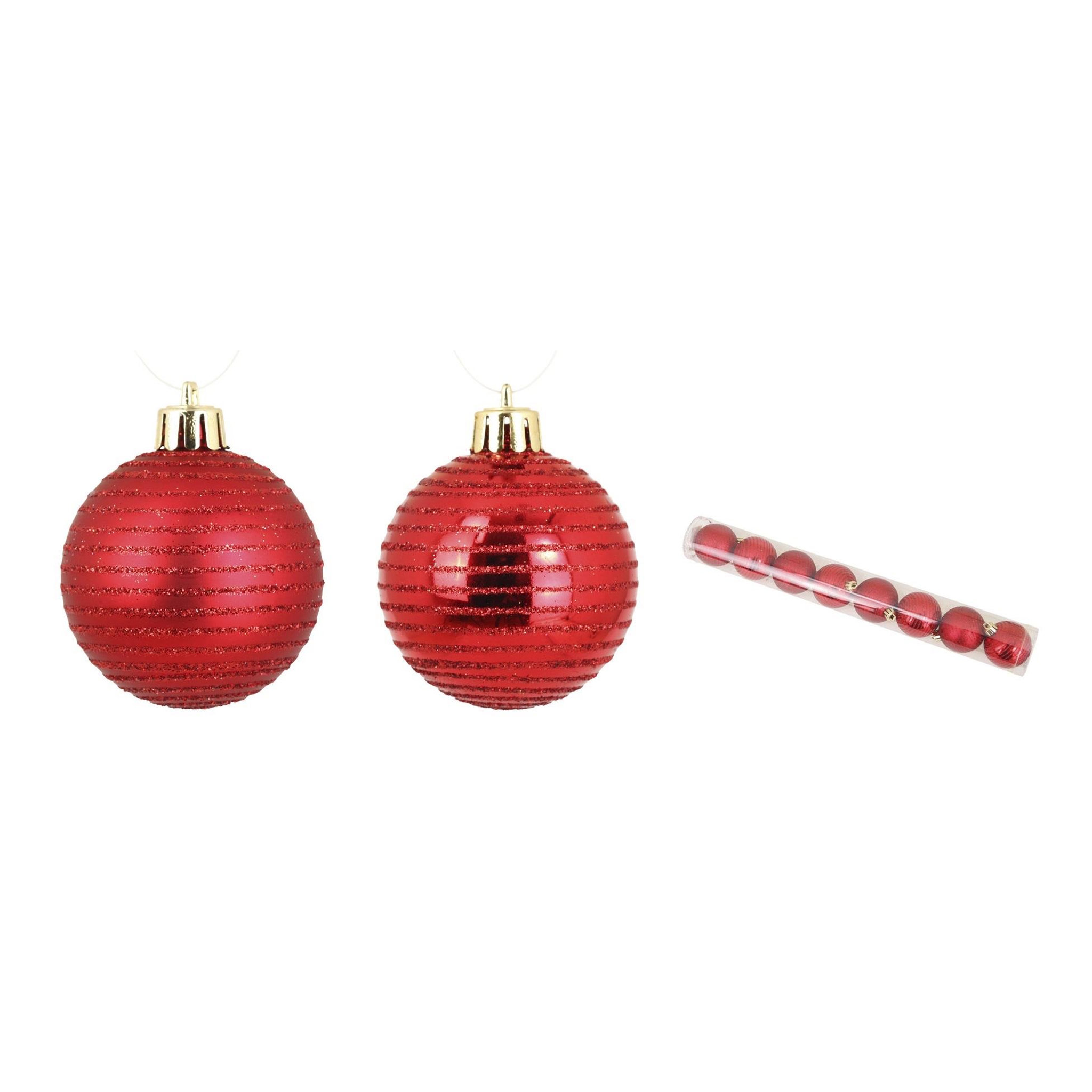 Voir la diapositive 2 : Eden Set de 8 boules de noël rayées rouge