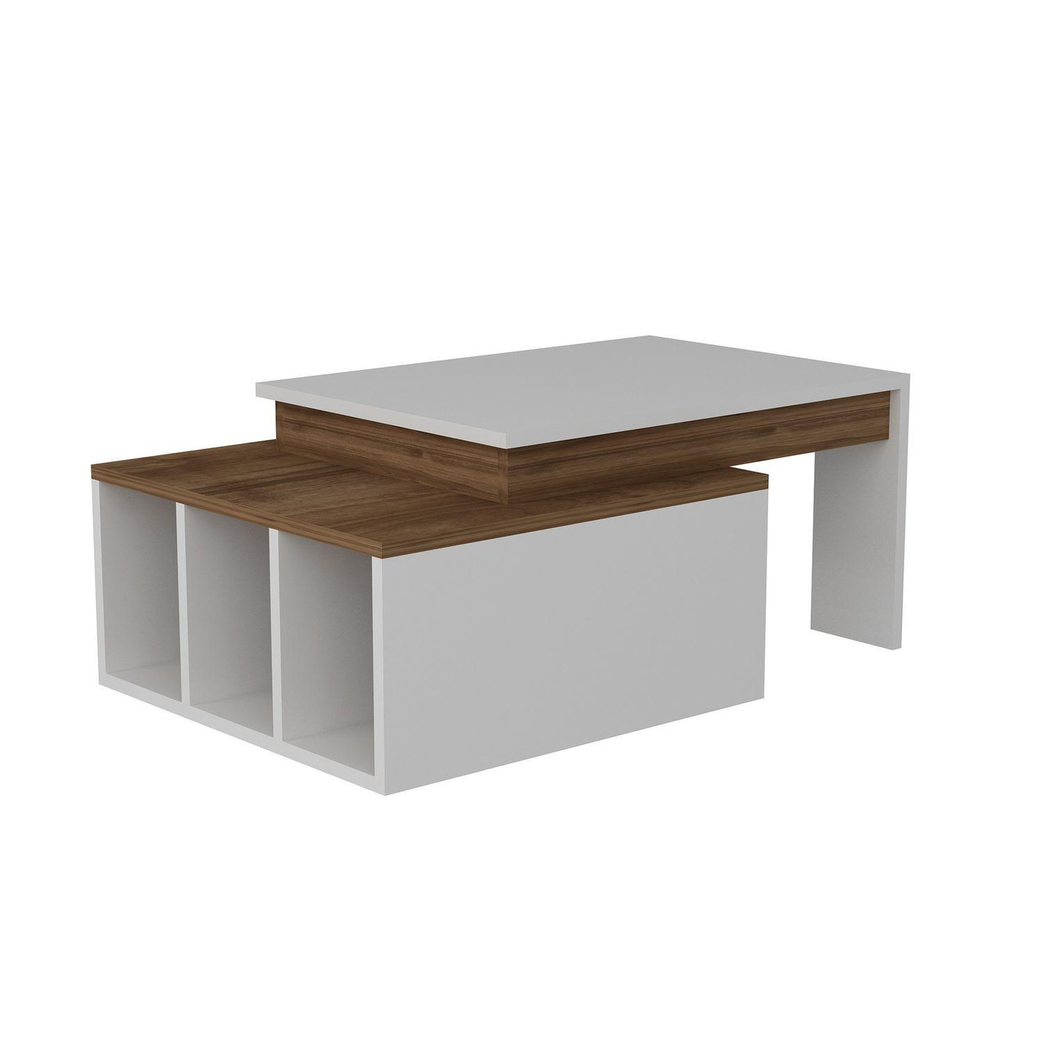 TOILINUX Table basse sur 2 niveaux avec 3 niches de rangement - blanc et marron