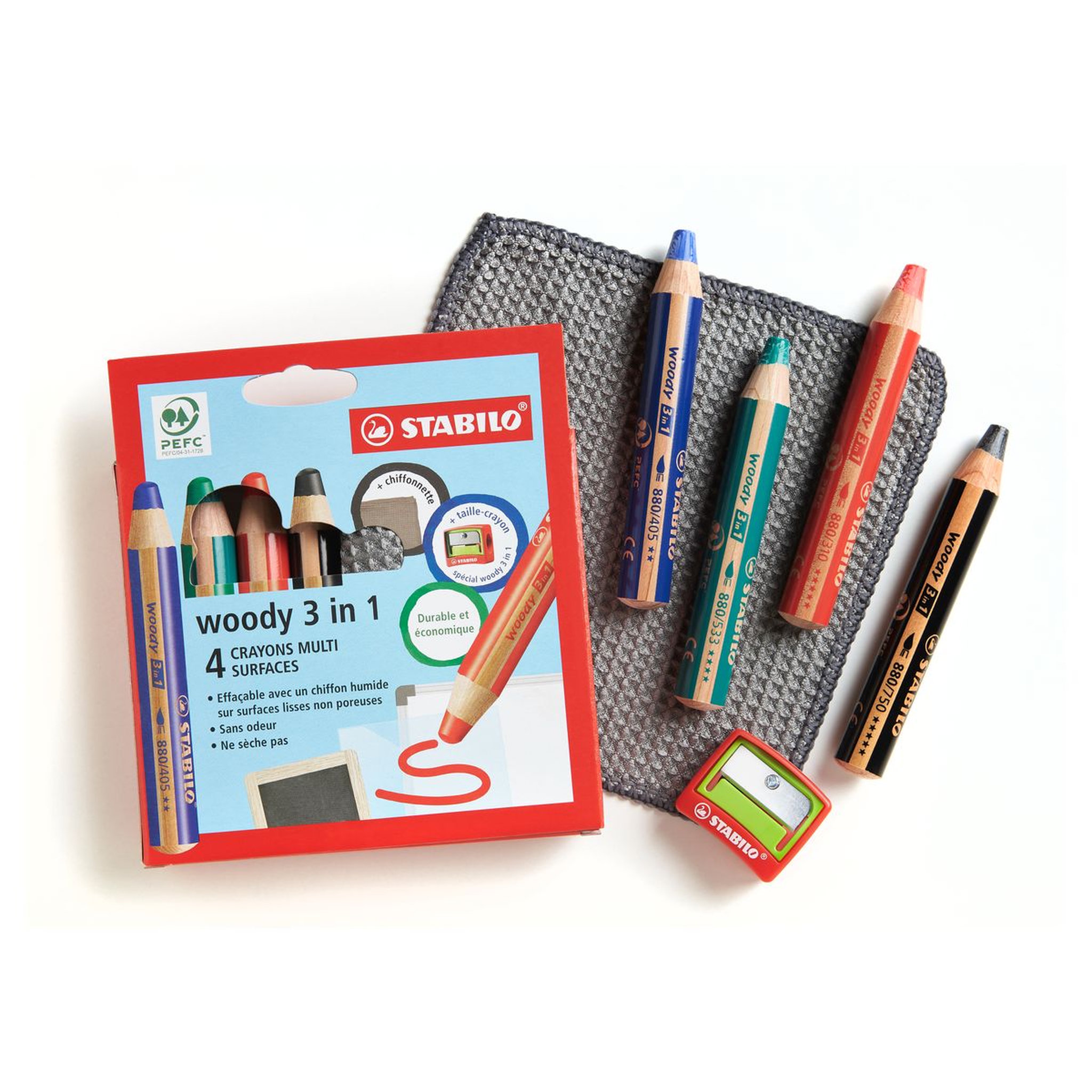 Voir la diapositive 2 : STABILO Lot de 4 Woody 3 en 1 + taille-crayon + chiffonnette
