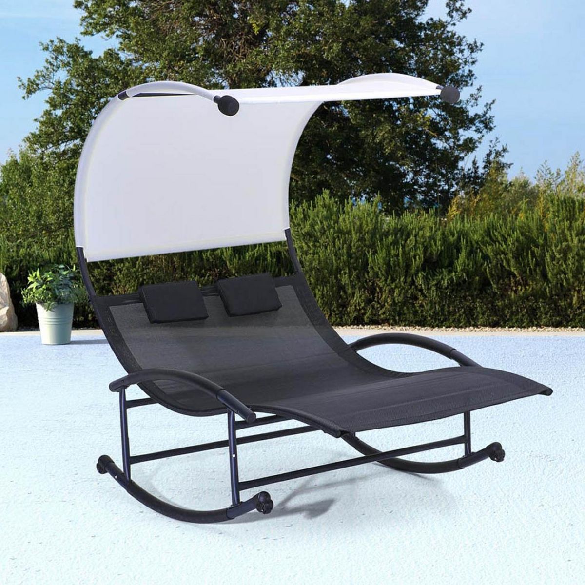 CONCEPT USINE Transat double à bascule avec auvent noir et écru ESSAOUIRA