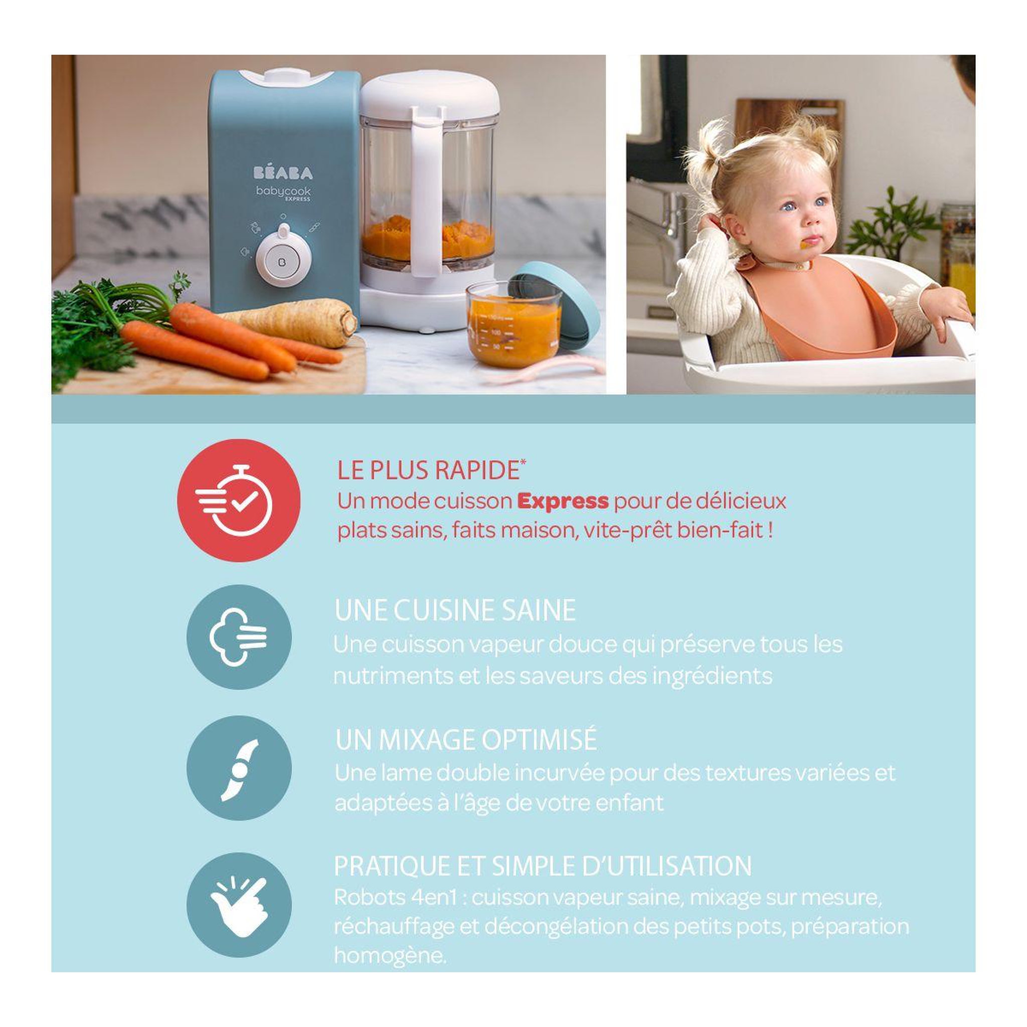 Voir la diapositive 4 : BEABA Mixeur cuiseur bébé babycook express -bleu baltique