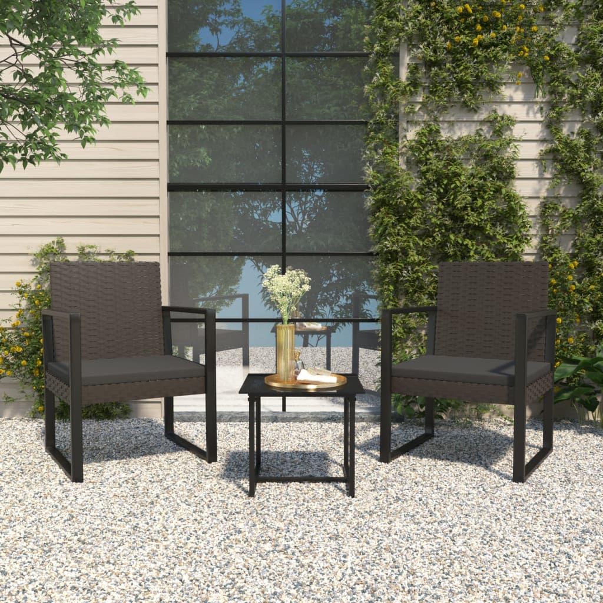 VIDAXL Salon de jardin 3 pcs avec coussins Noir Resine tressee