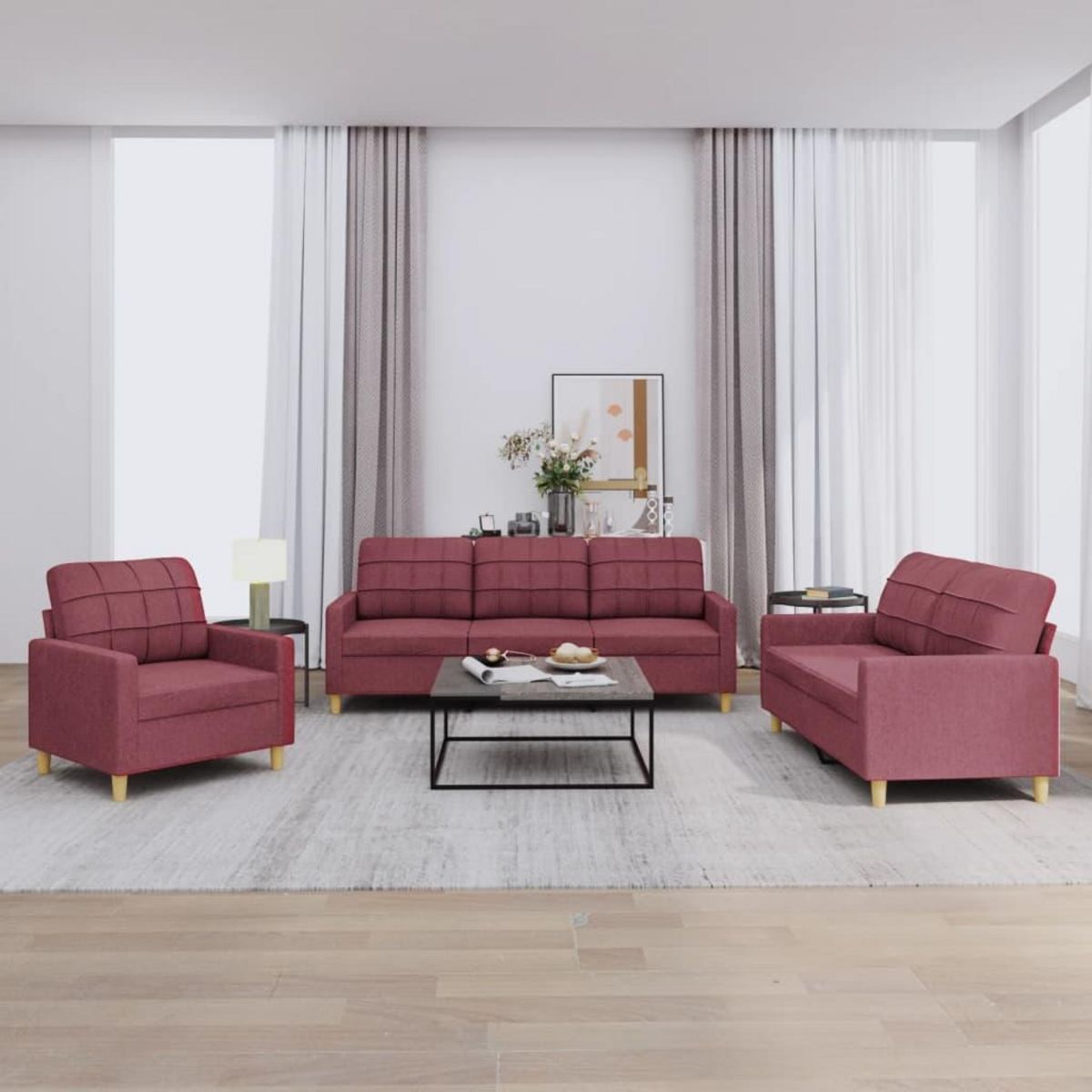 VIDAXL Ensemble de canapes 3 pcs avec coussins Rouge bordeaux Tissu