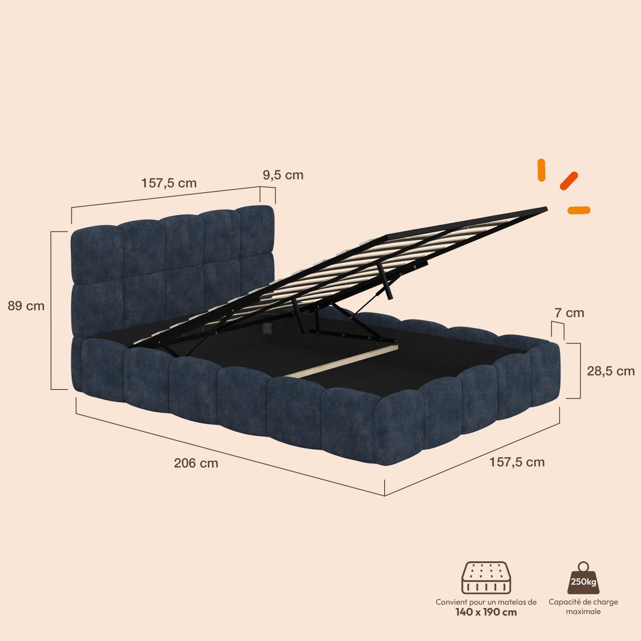 Voir la diapositive 4 : ID MARKET Lit coffre double nuage avec tête de lit matelassée et sommier 140 x 190 cm en tissu effet chenille bleu