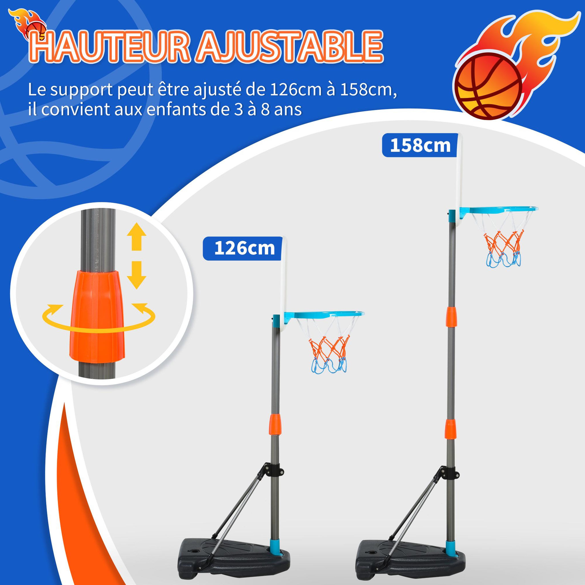 Voir la diapositive 4 : HOMCOM Panier de basket-ball sur pied avec poteau base lestage panneau + ballon + pompe hauteur réglable 1,26 – 1,58 m