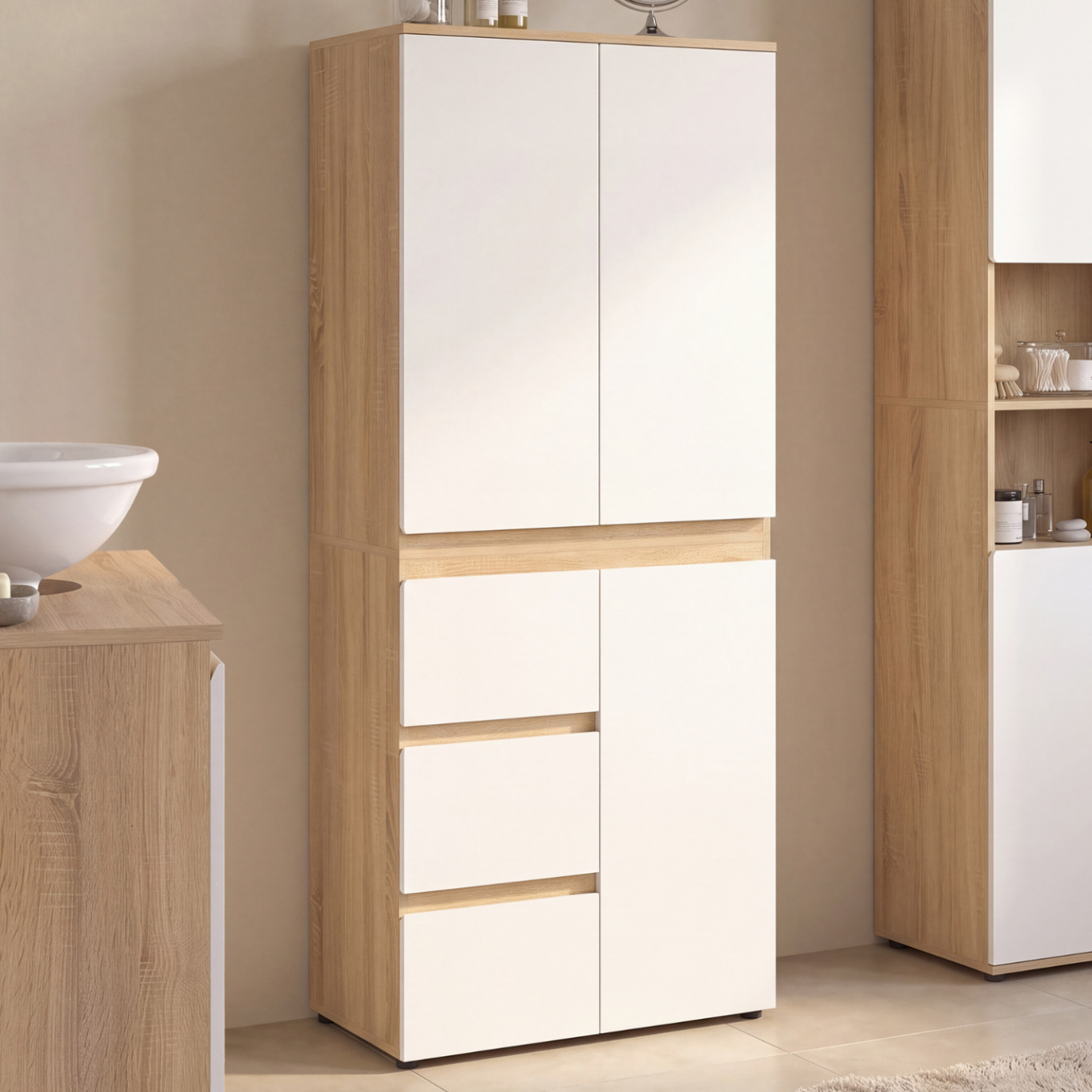 Voir la diapositive 2 : ID MARKET Meuble armoire colonne salle de bain TOMI 3 portes et 3 tiroirs façon hêtre et blanc