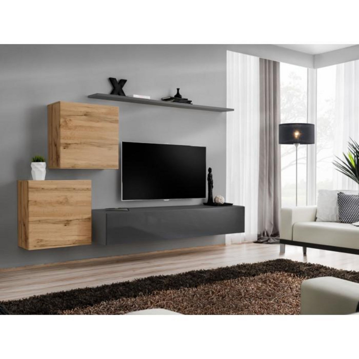 Paris Prix Meuble TV Mural Design  Switch V  250cm Naturel & Gris
