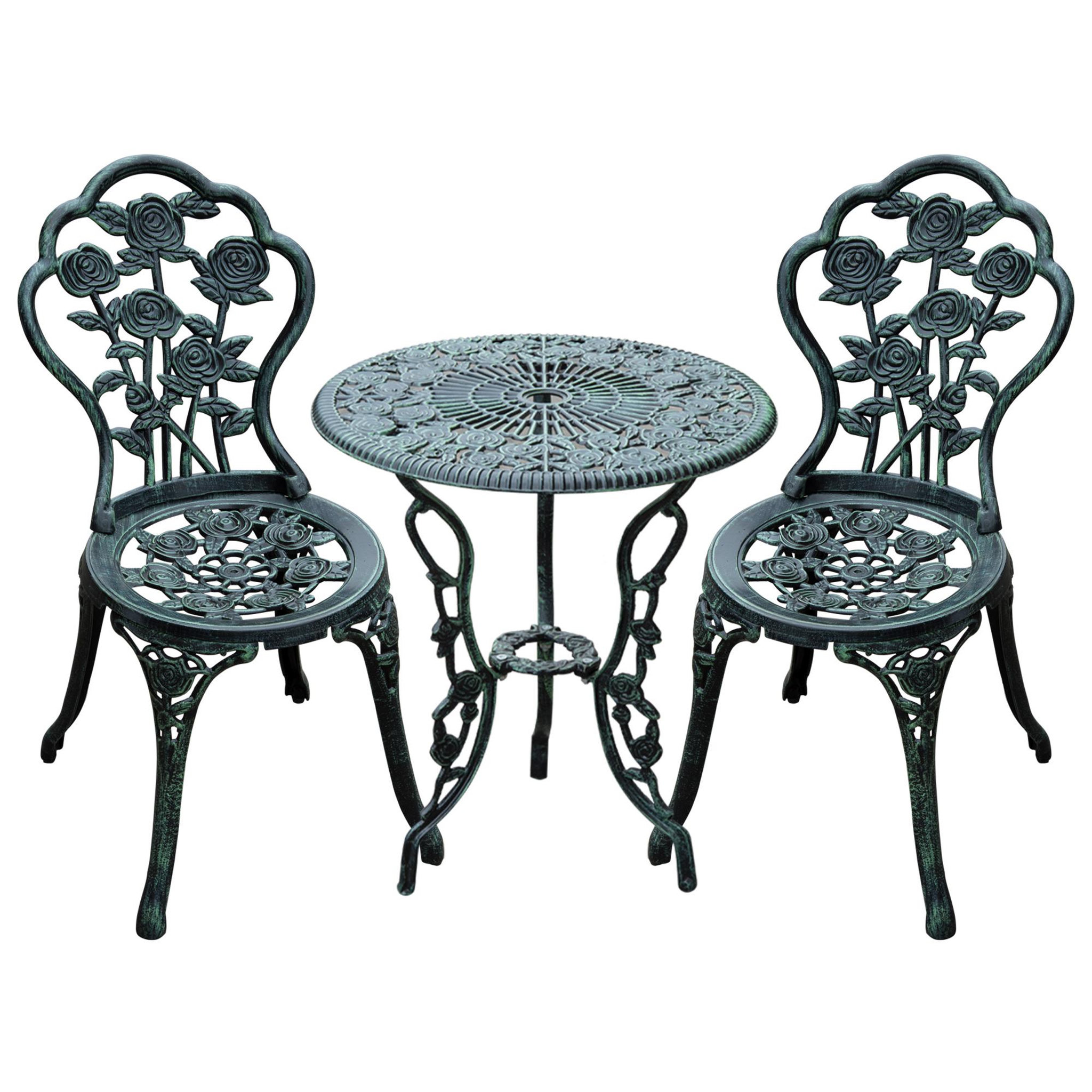 OUTSUNNY Ensemble salon de jardin 2 places 2 chaises + table ronde style néo-rétro motif rose lignes fuselées fonte d'aluminium vert vieilli