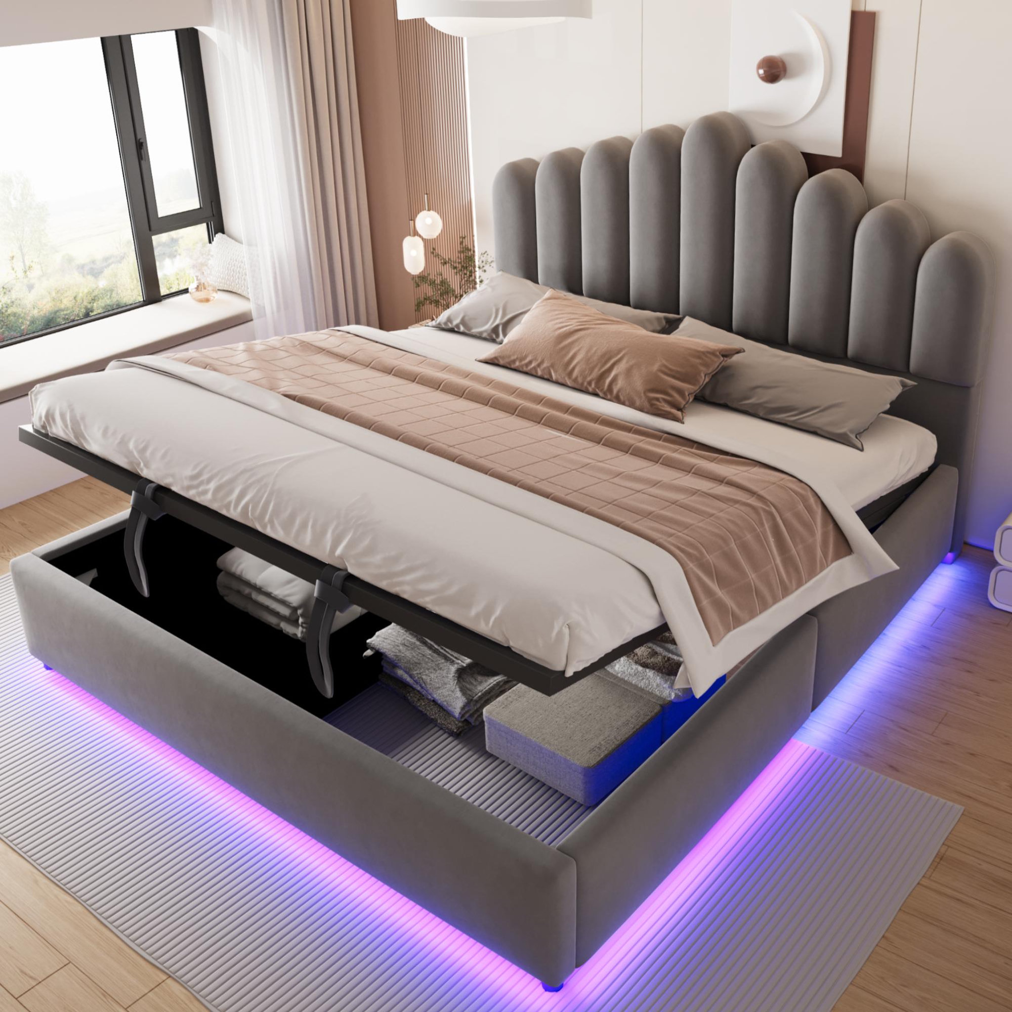 Voir la diapositive 2 : MERAX Lit coffre velours avec led, tête de lit capitonnée et sommier à lattes