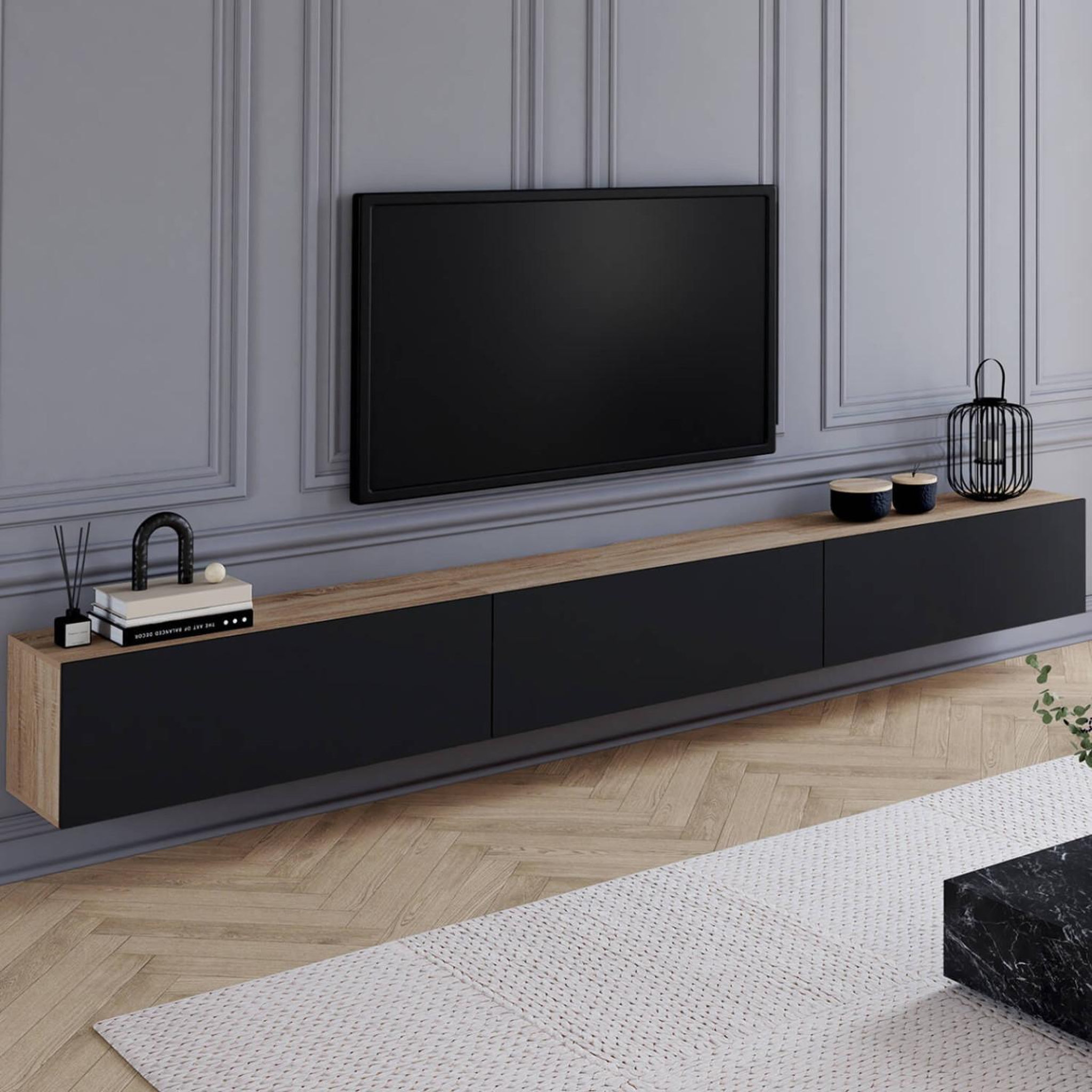 Voir la diapositive 2 : ID MARKET Meuble tv 270 cm suspendu elio 3 portes bois et noir