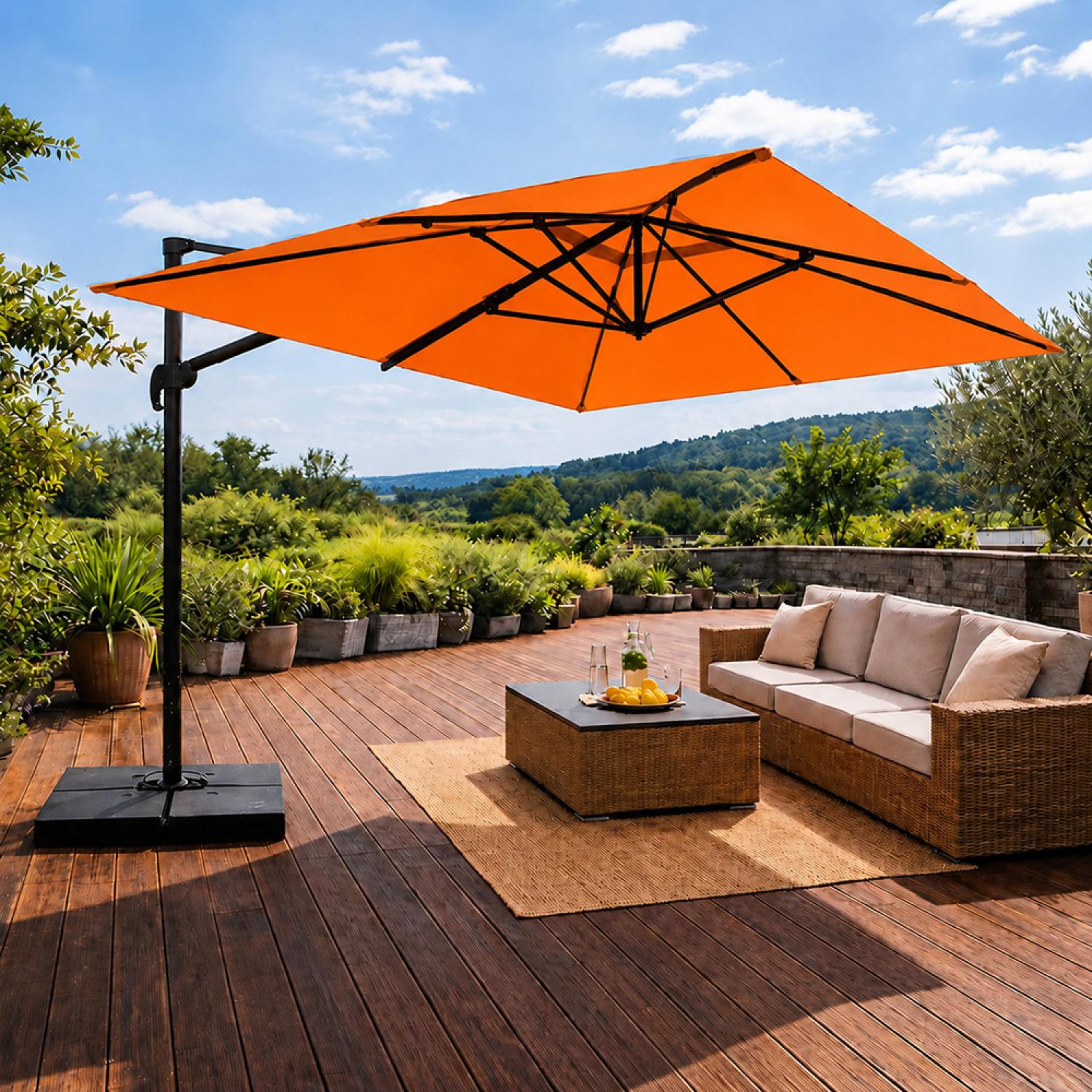 Voir la diapositive 4 : CONCEPT USINE Parasol rectangulaire 3x4 déporté rotatif orange en aluminium cezir