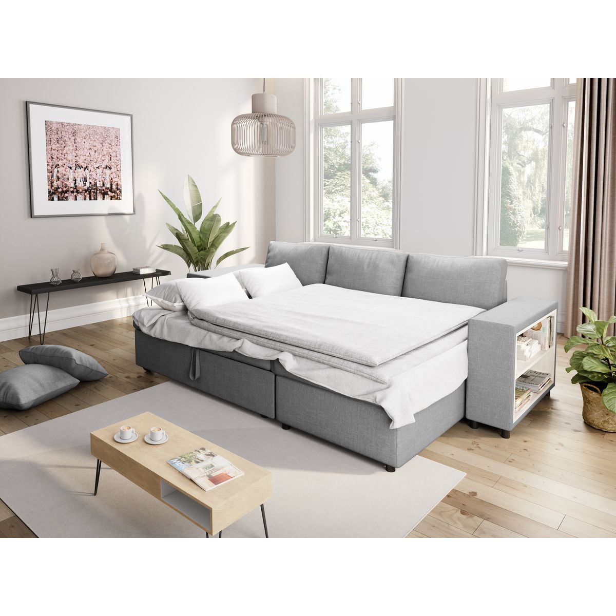 Canapé d'angle convertible avec coffre 3 places + 2 poufs à gauche et étagère à droite  MACHA