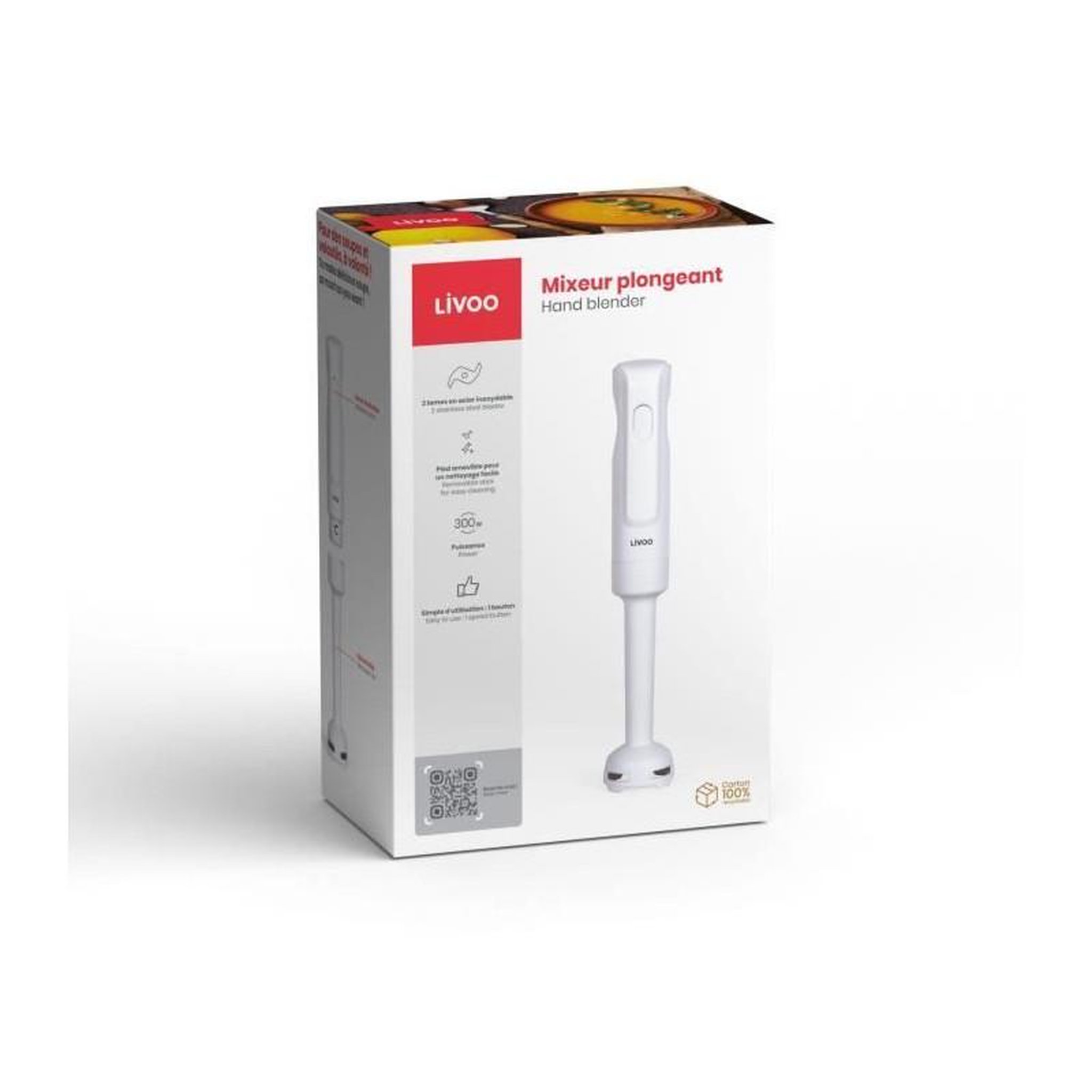 Voir la diapositive 5 : LIVOO Mixeur plongeant - LIVOO - 300 W - 2 lames en acier inoxydable - 1 vitesse - 19 000 tours / min - Blanc