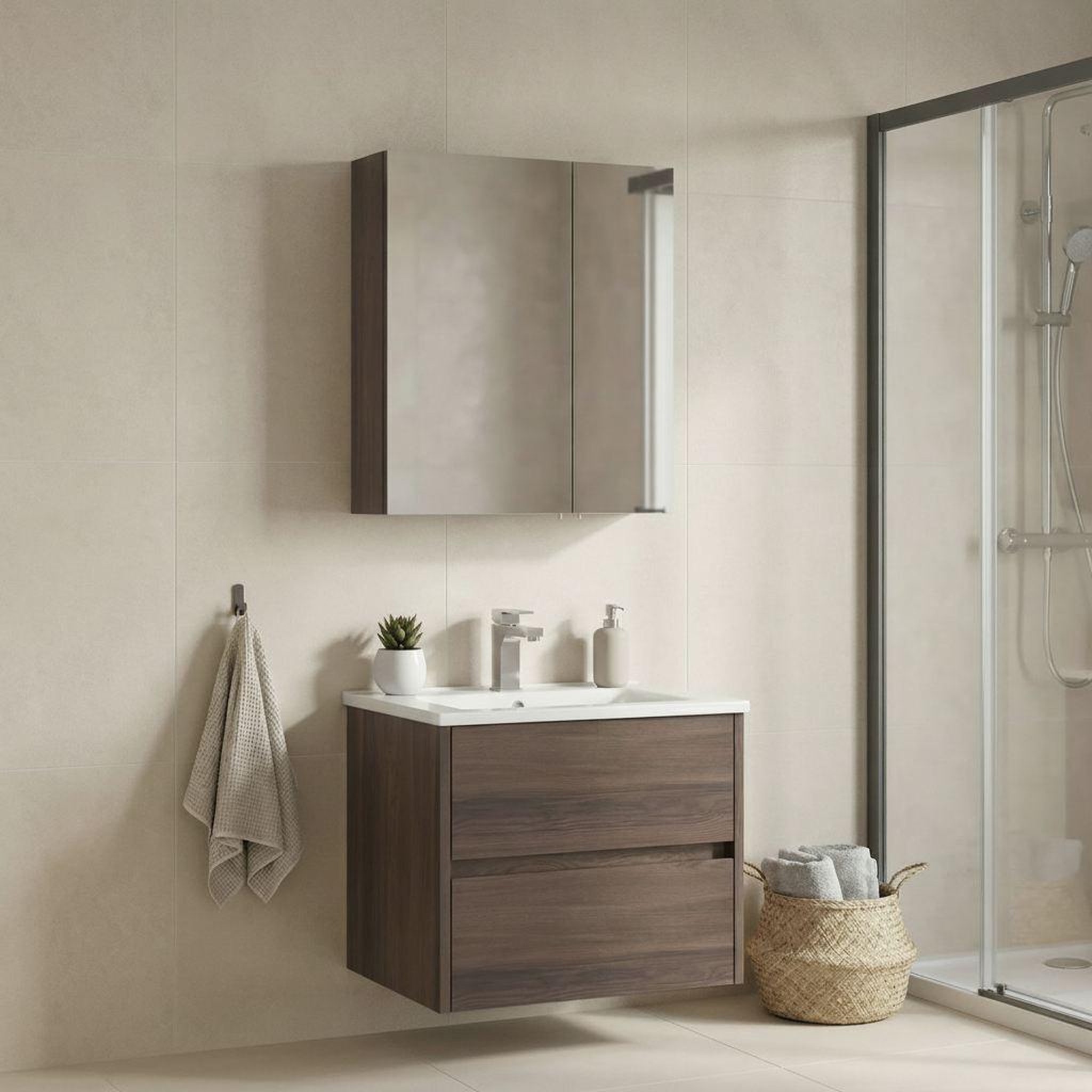 Voir la diapositive 2 : Habitat et Jardin Meuble avec simple vasque et miroir  Side 65 v2  - 65 x 45 x 52 cm - Walnut
