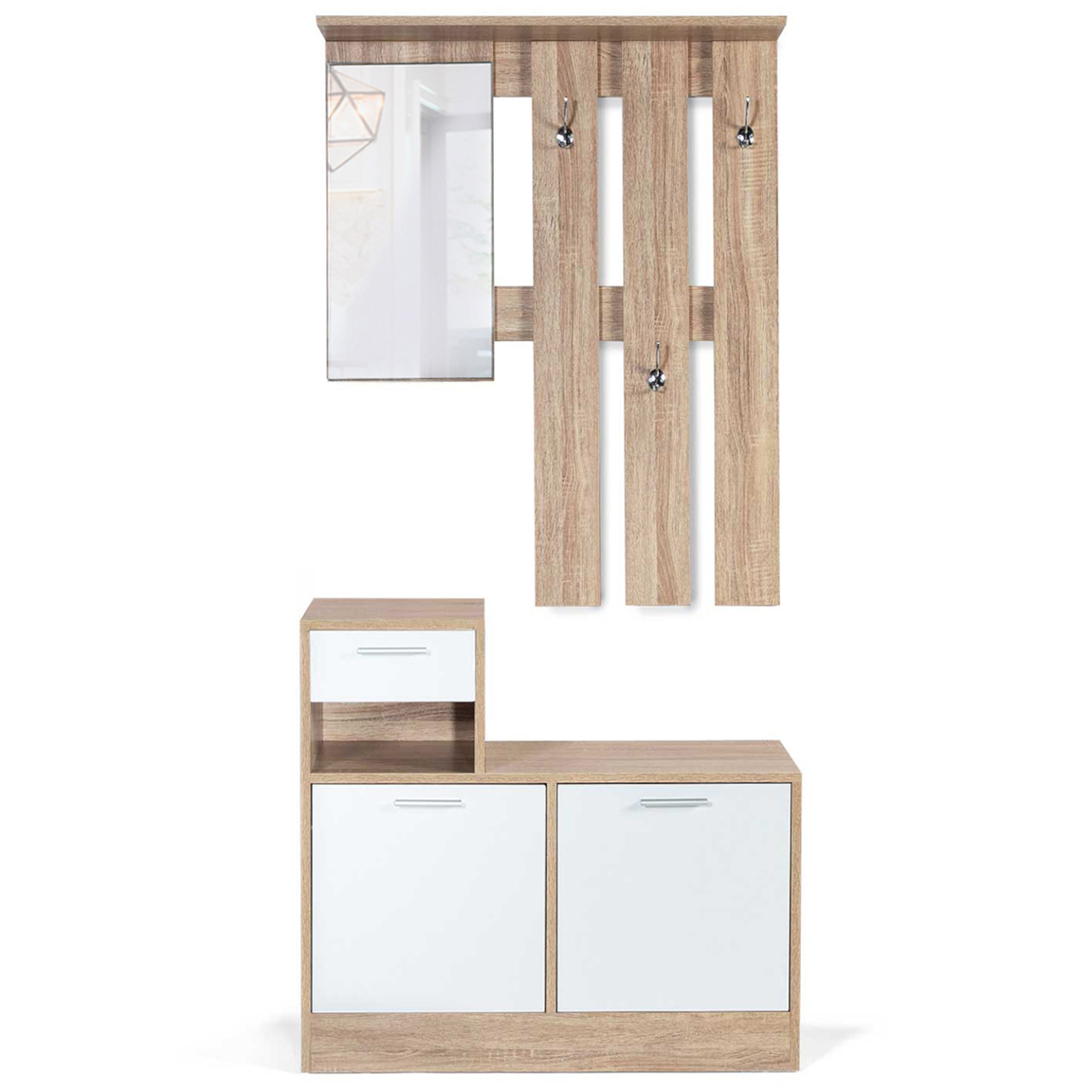 Voir la diapositive 6 : ID MARKET Vestiaire d'entrée avec miroir paulin design hêtre portes blanches
