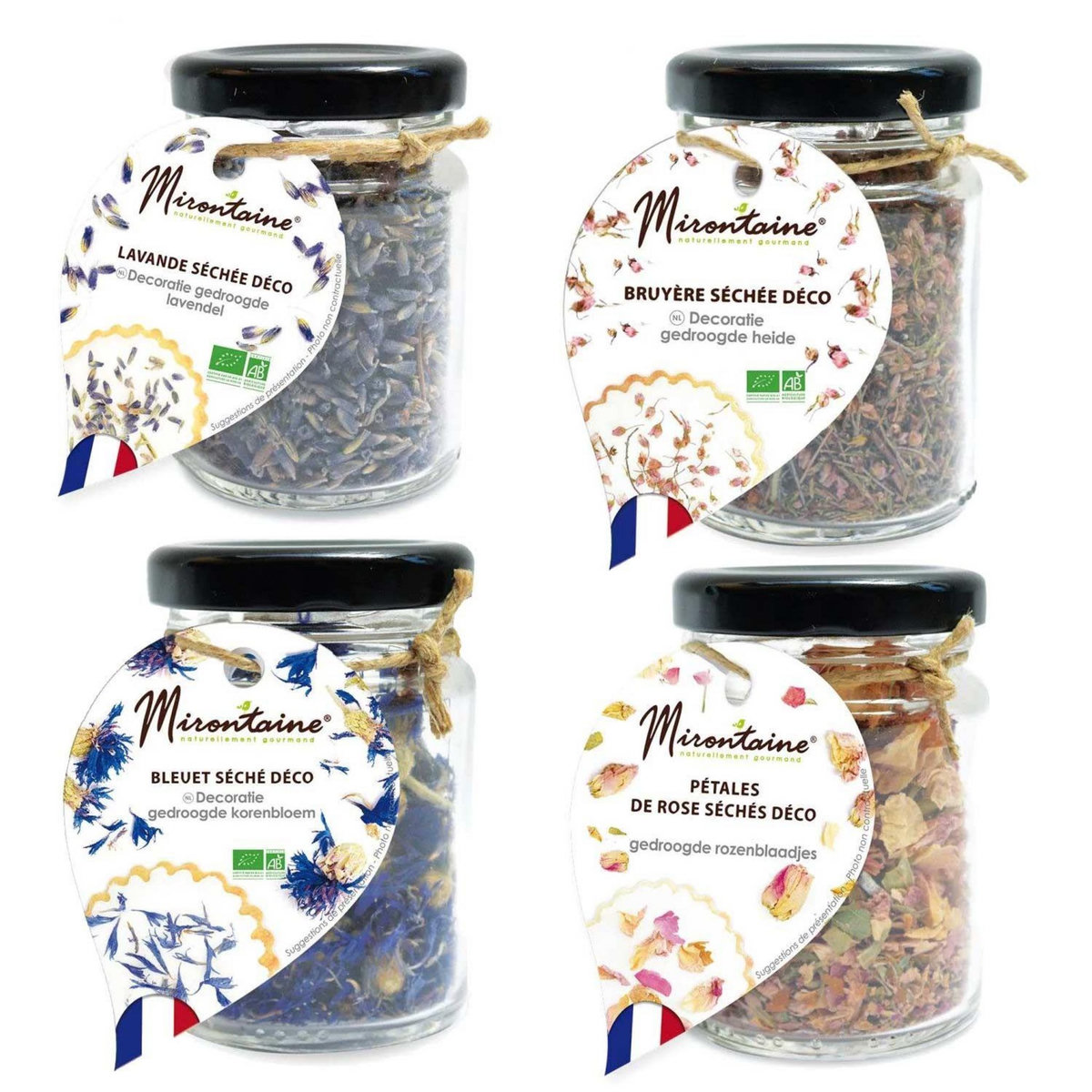 Mirontaine 4 fleurs séchées comestibles pour pâtisserie - Lavande, rose, bleuet, bruyère