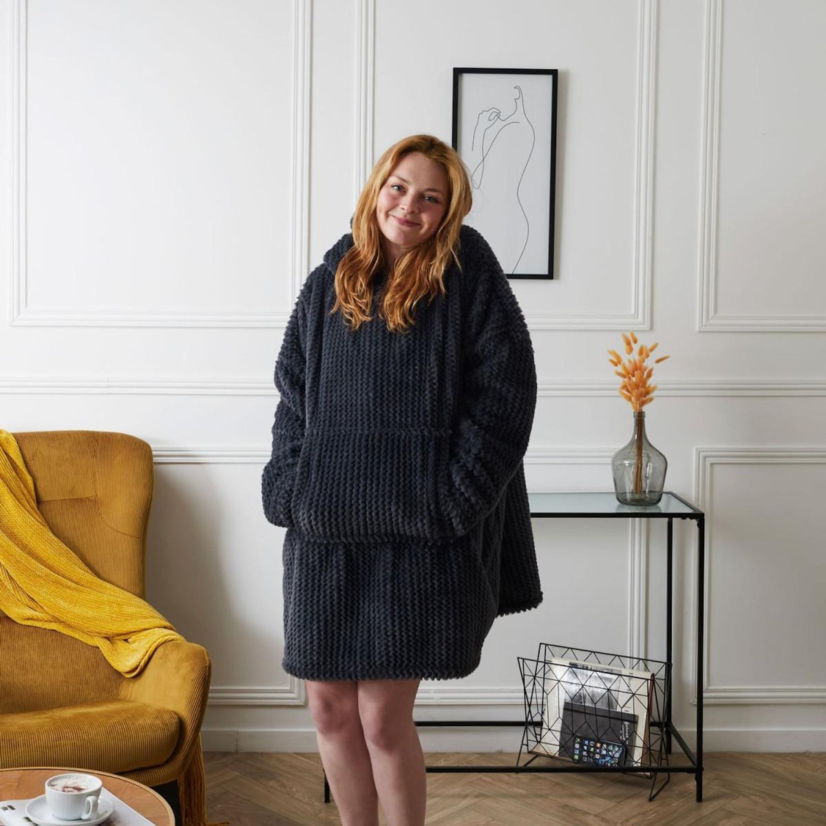 Paris Prix Plaid Sweat à Capuche  Chevron  85x115cm Gris Foncé