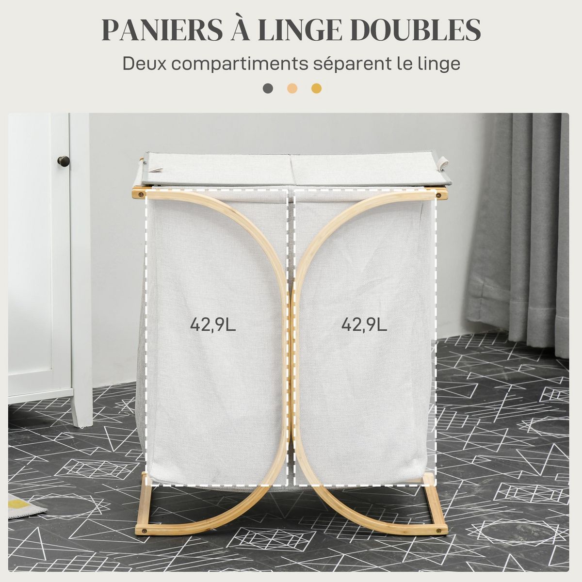 HOMCOM Panier à linge corbeille à linge bac linge sale 2 paniers bambou polyester gris