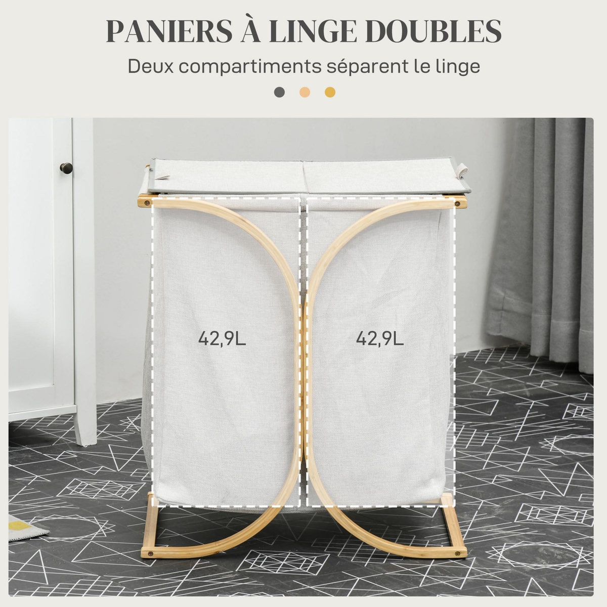HOMCOM Panier à linge corbeille à linge bac linge sale 2 paniers bambou polyester gris